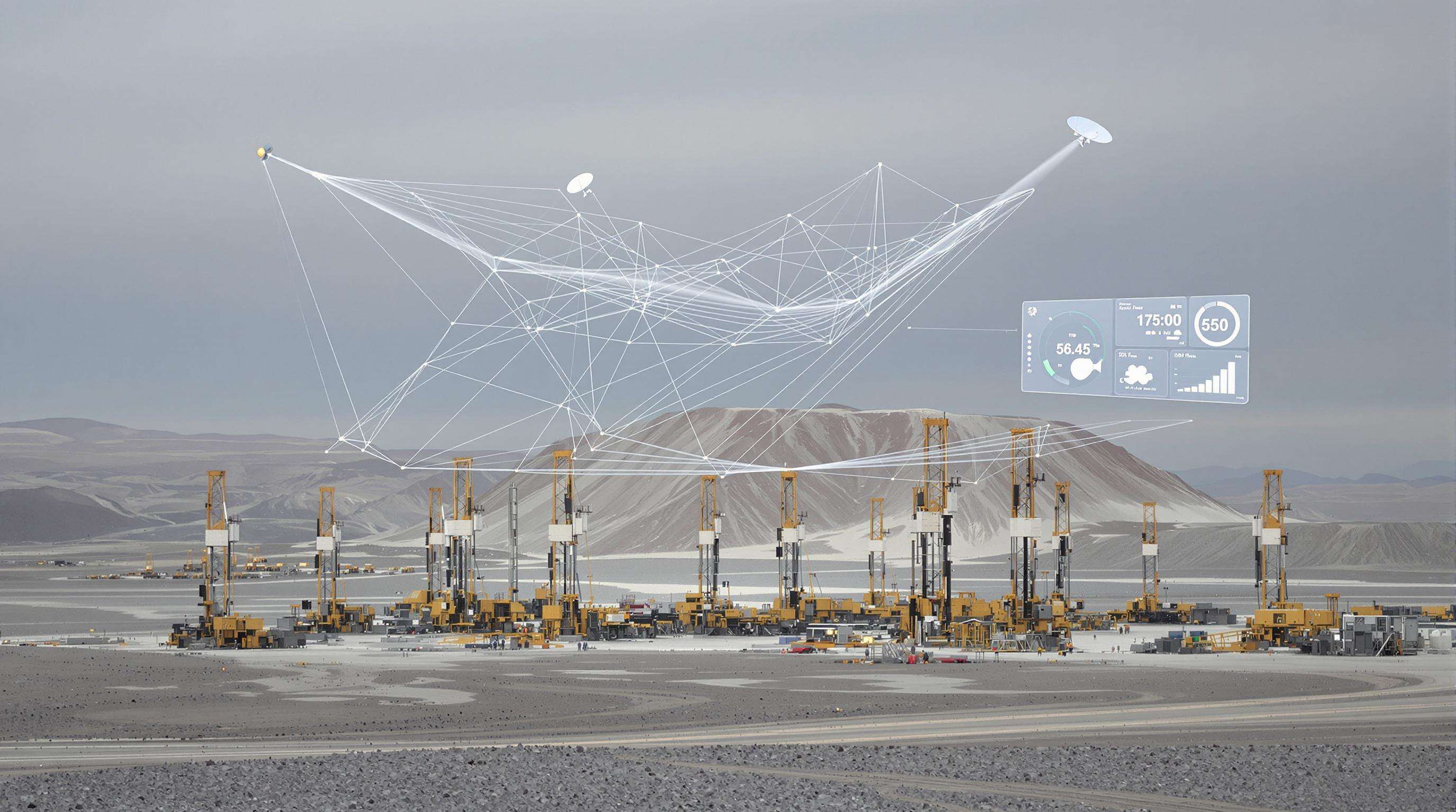 Fleet of DTH drill rigs with digital signals from a satellite and supervisors viewing a dashboard in a mining area