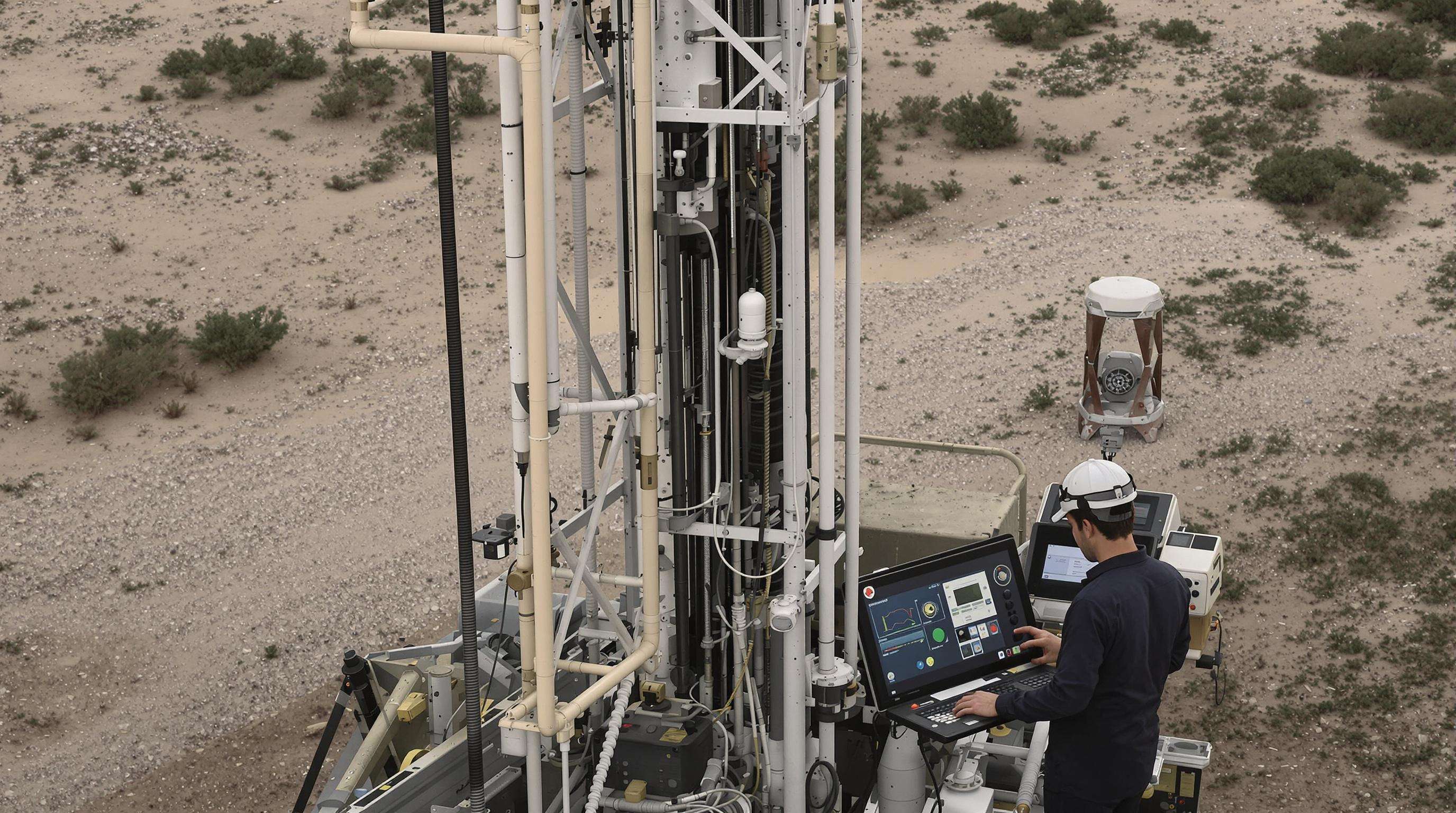 Technologically advanced drilling rig with smart sensors and operator using digital monitoring system in a muted landscape