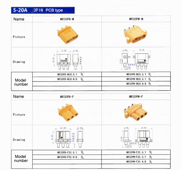 Amass Connector 5-20A 500V DC 3PIN MR/T30 Series MR30-M/F MT MR30PB-M/F MR30PW-M/F Lithium Battery Connector factory