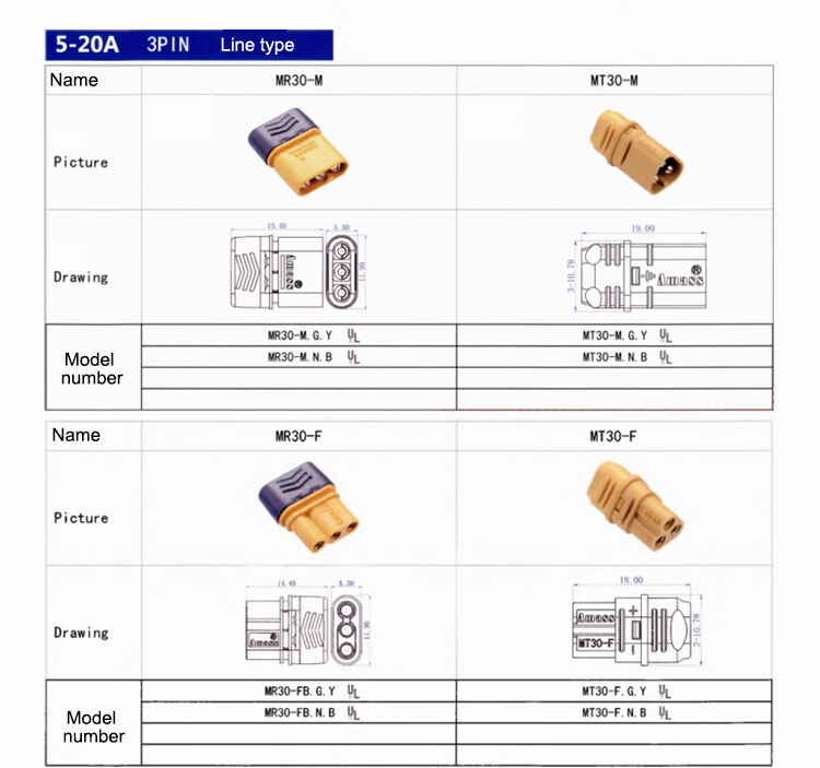 Amass Connector 5-20A 500V DC 3PIN MR/T30 Series MR30-M/F MT MR30PB-M/F MR30PW-M/F Lithium Battery Connector factory