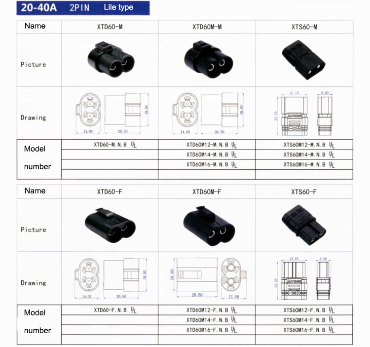 Amass Connector 20-40A 500V DC 2PIN XT60/U/H/L XT60W/EX/E XTD60/M XTS60 XT60PB/PW/PT/PM Lithium Battery Connector factory