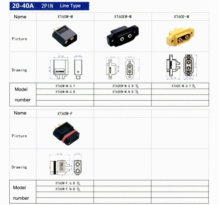 Amass Connector 20-40A 500V DC 2PIN XT60/U/H/L XT60W/EX/E XTD60/M XTS60 XT60PB/PW/PT/PM Lithium Battery Connector supplier