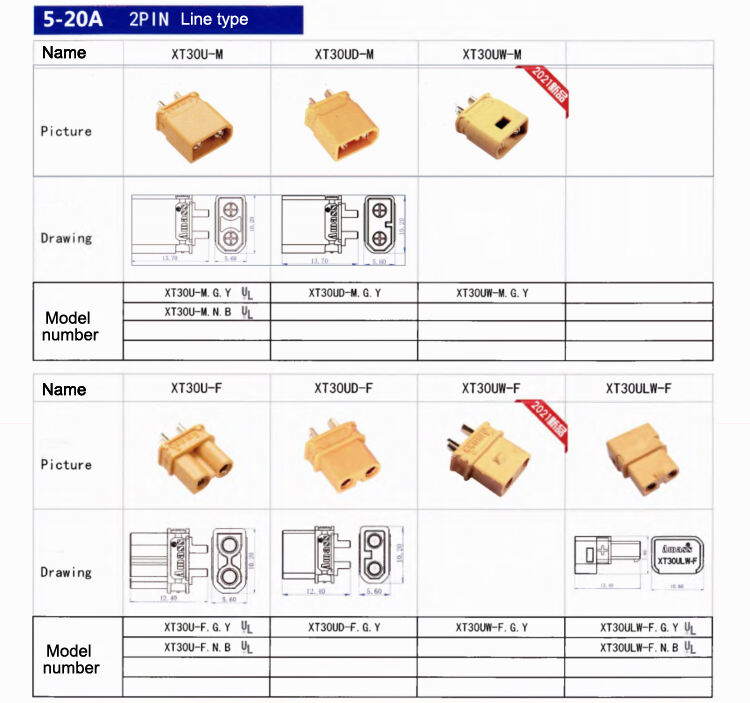 Amass Connector 5-20A 2PIN XT30 Series XT30U/D/W-M XT30UPB-M XT30UWPB-M XT30PW-M XT30UPB-F XT30PW-F Lithium Battery Connector factory