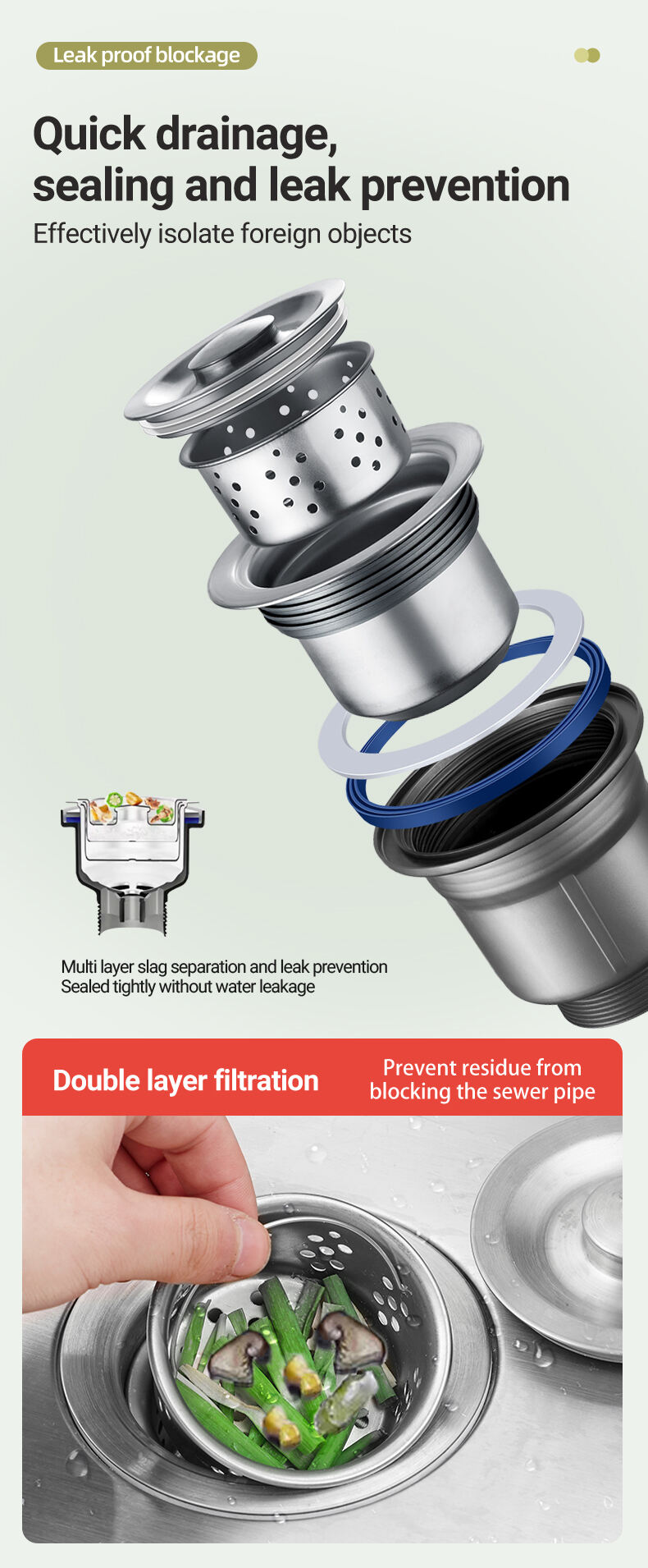 product factory direct supply stainless steel kitchen sink drain commercial use three bowl stainless steel kitchen sink drain strainer-6