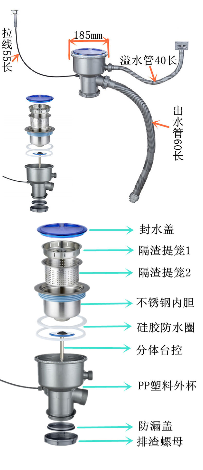 product hot selling kitchen stainless steel anti odor thickened pipe with faster drainage 185mm anti odor sealed anti odor sewer pipe-7