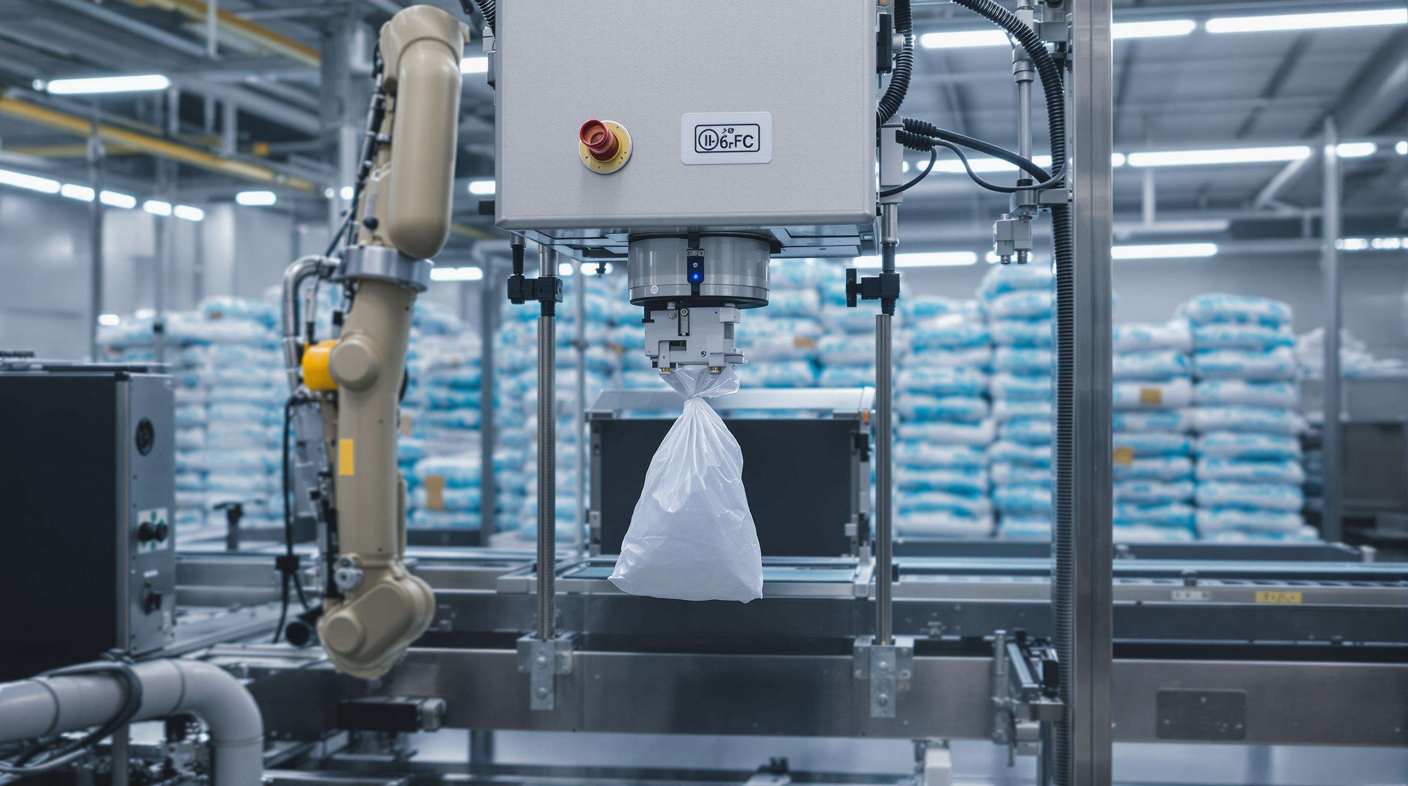 Robotic arm and conveyor in an automated ice bagging station with visible sensors and UV sterilization