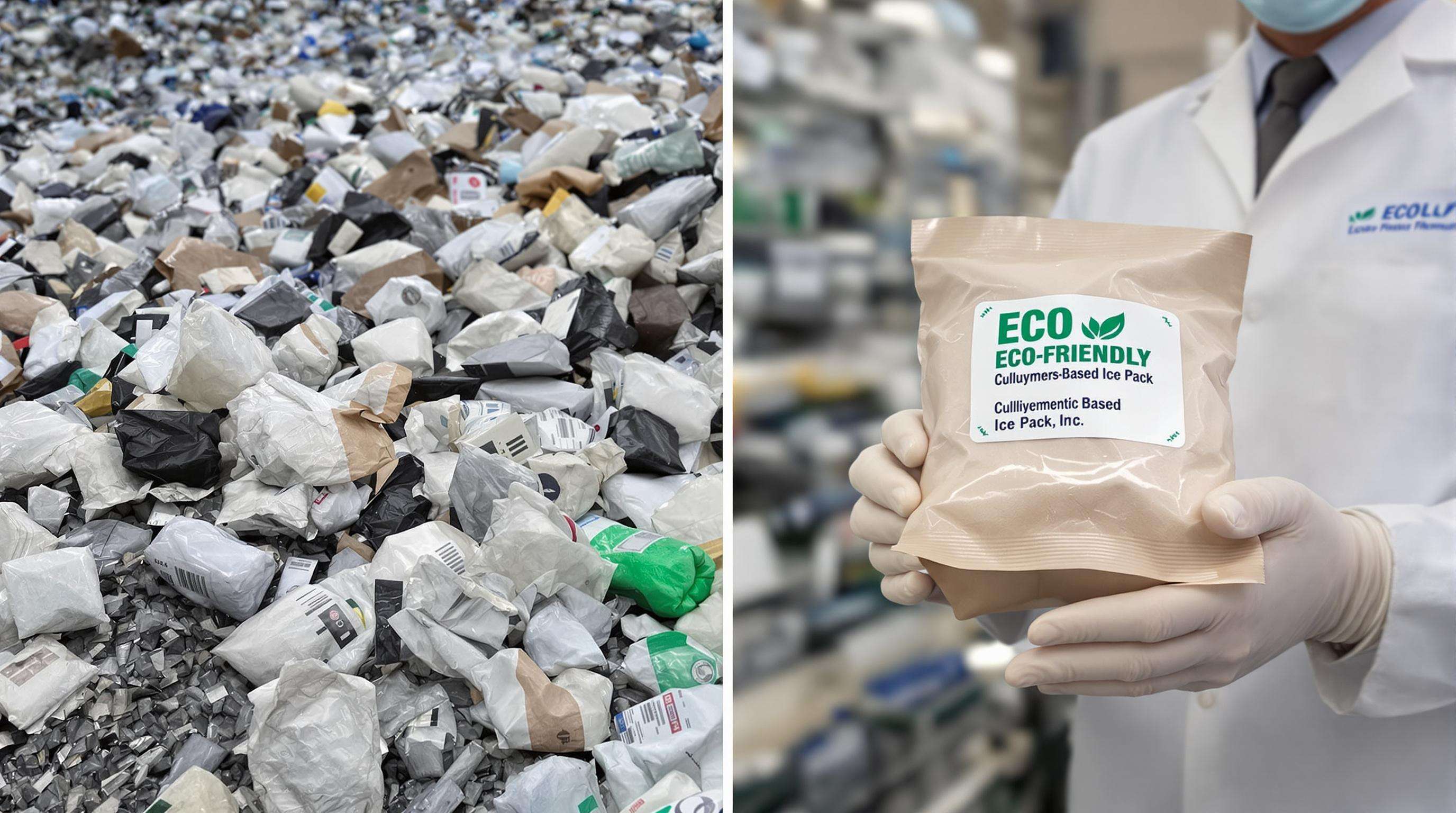 Photo of landfill with discarded ice bags and a technician displaying eco-friendly alternative ice packs