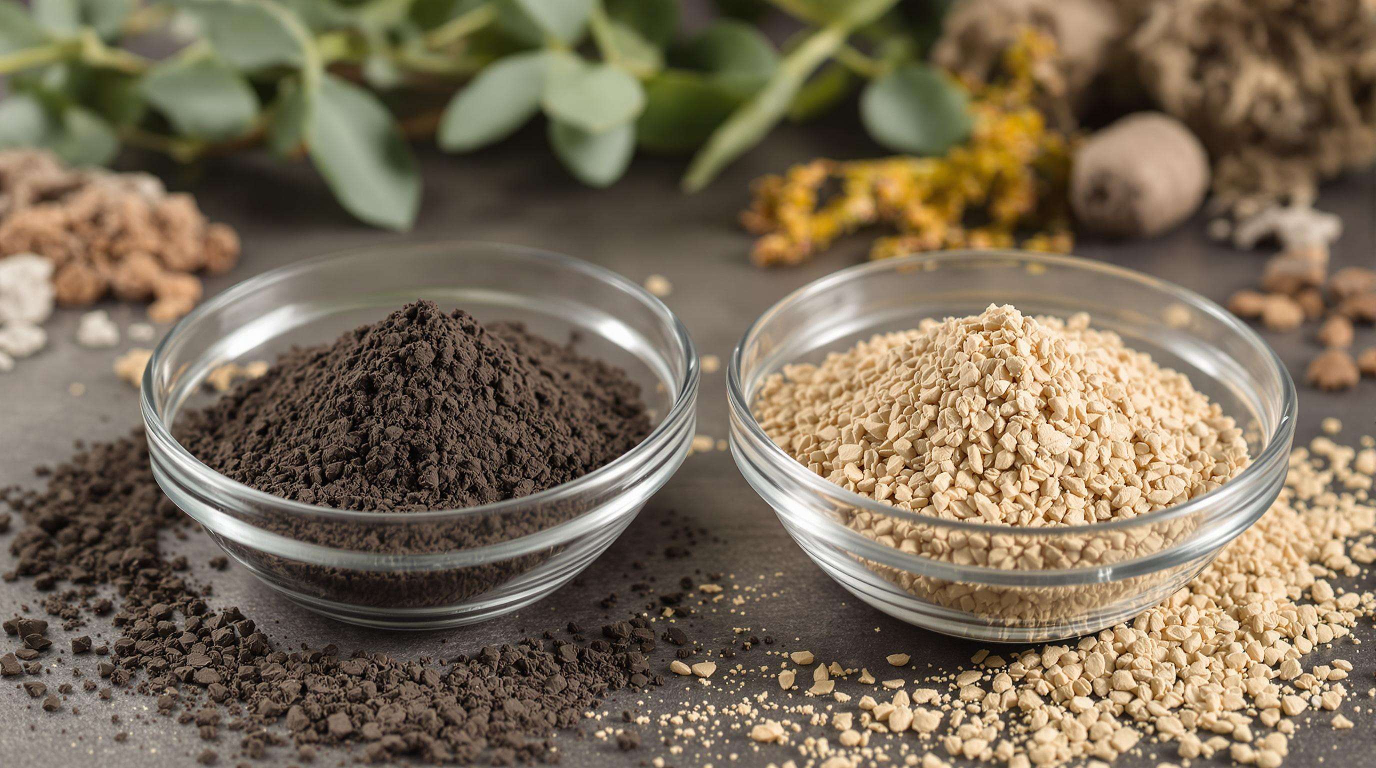 Macro photograph of iron powder and cellulose fiber samples in dishes, highlighting material textures and sources