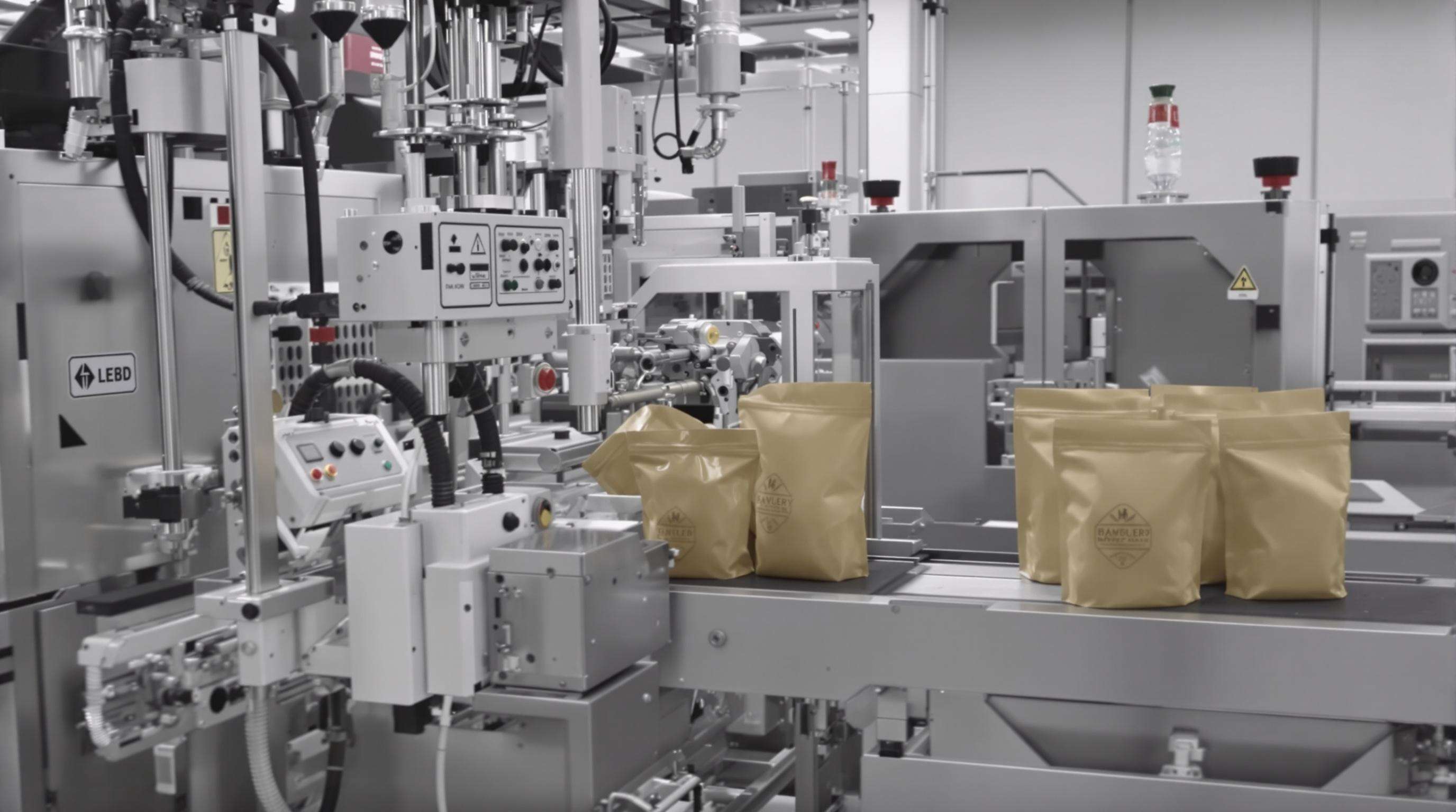 Automatic bagging machine adapting between different bag formats in a modern factory.