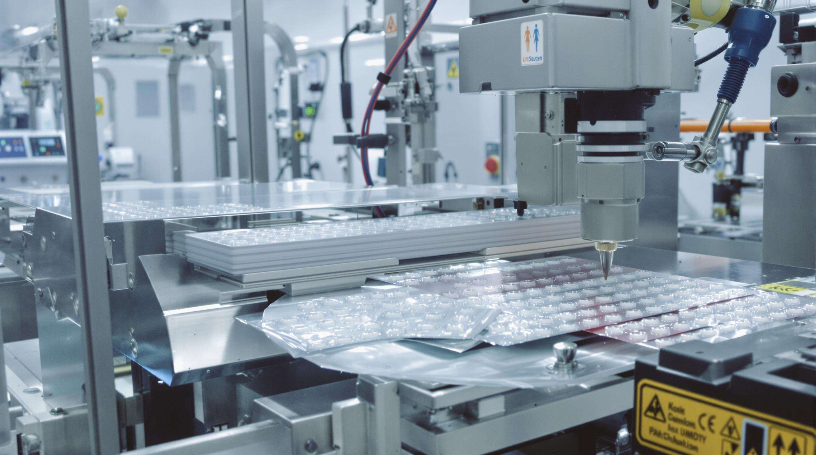 A realistic photo of an automated blister packaging machine forming, filling, sealing, and punching medicine blister packs in a clean factory.