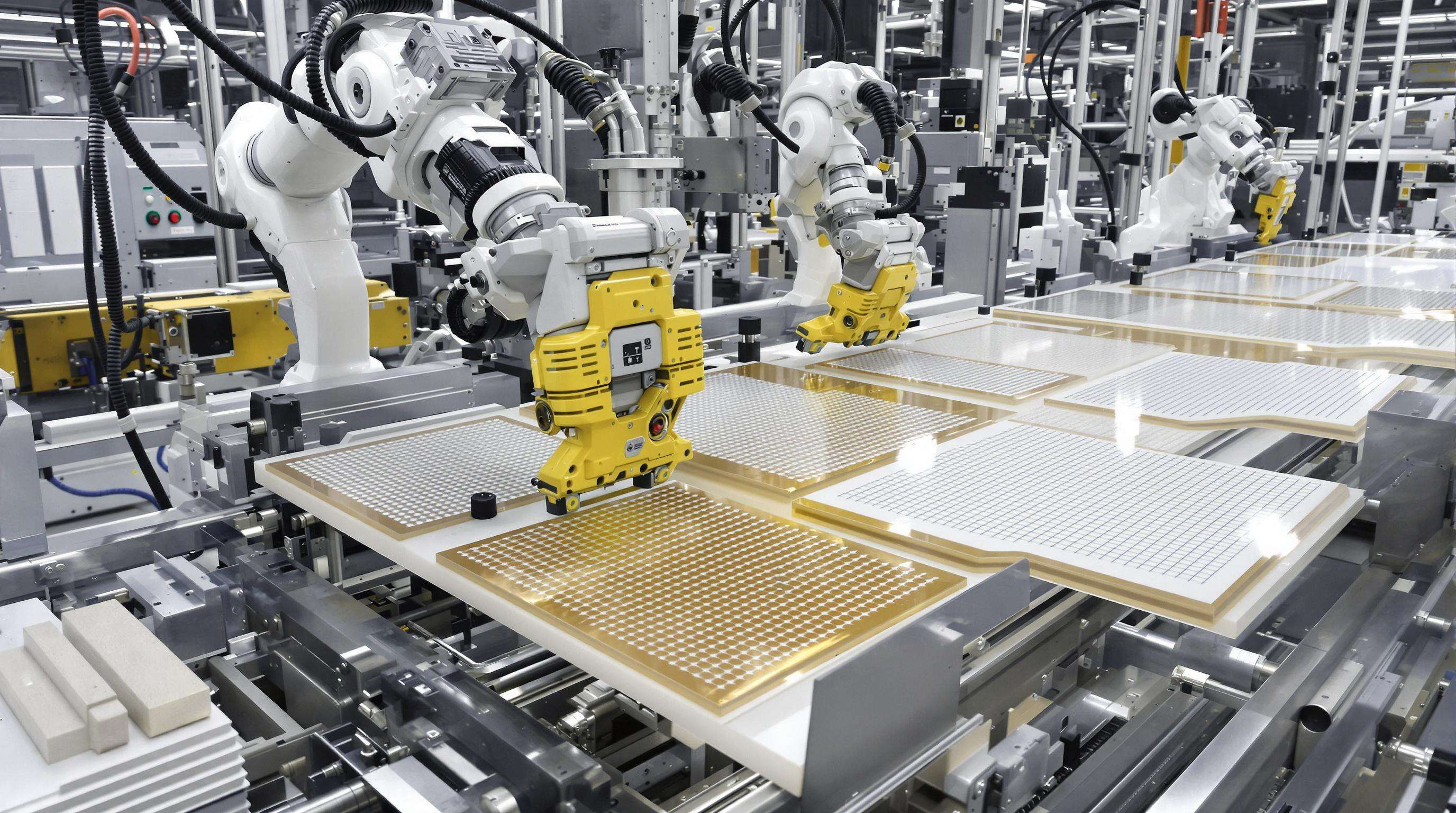 Robotic arms assembling layered films on a modern production line