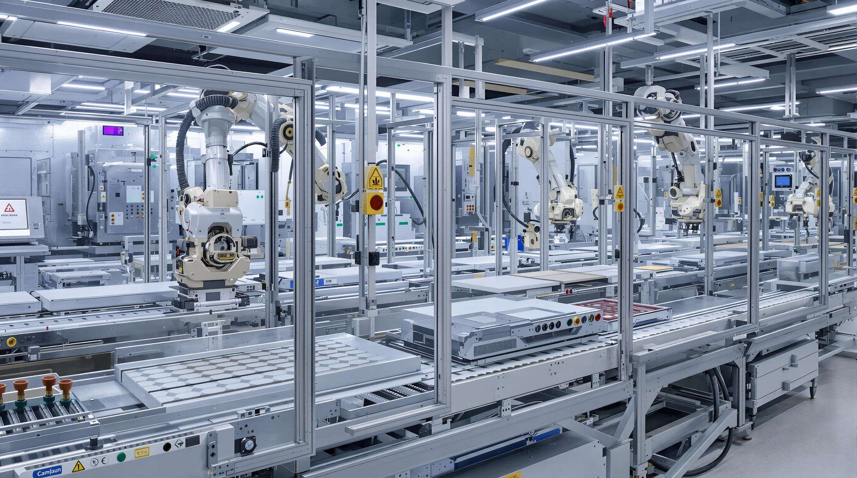 Photograph of an automated manufacturing line assembling multilayer heating patches with robotics