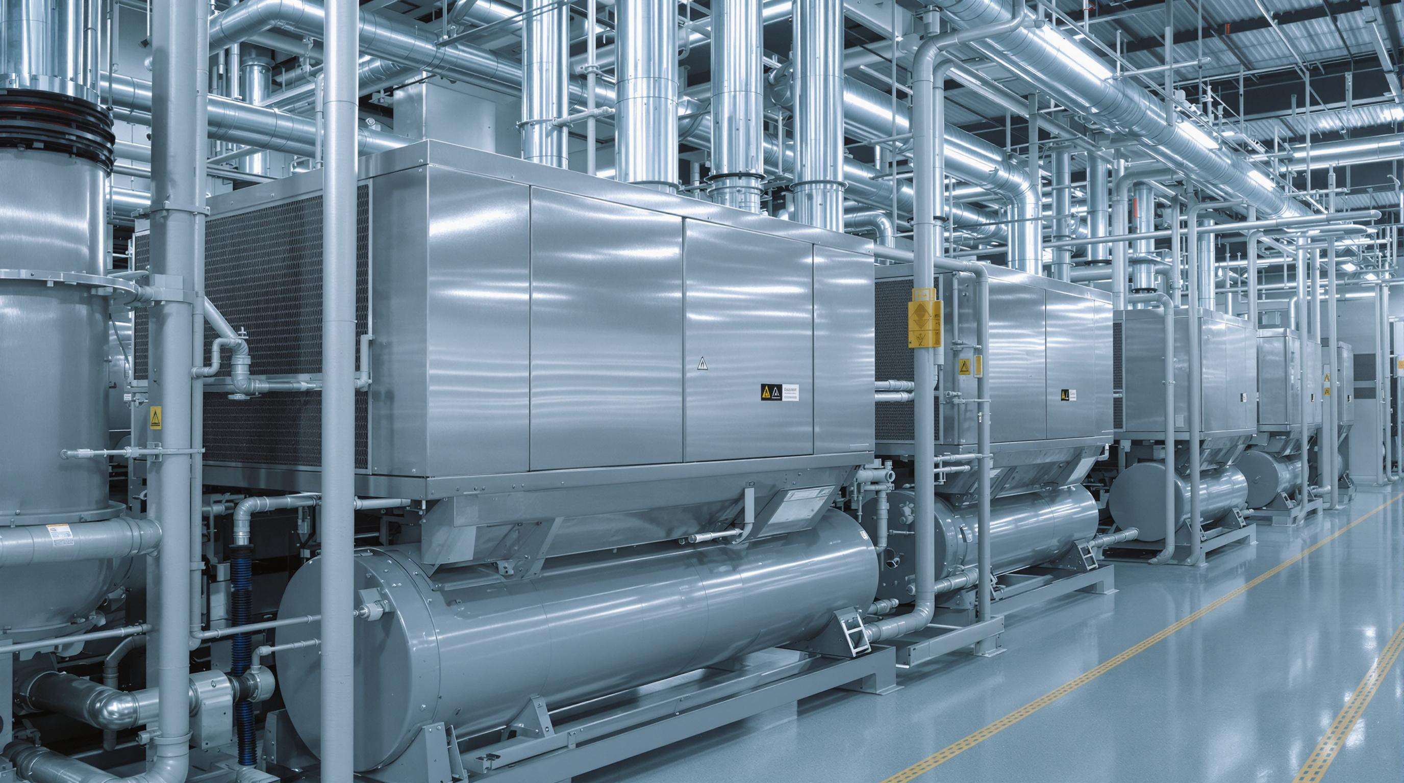 Industrial refrigeration system with compressors, condensers, and evaporators in a commercial ice plant