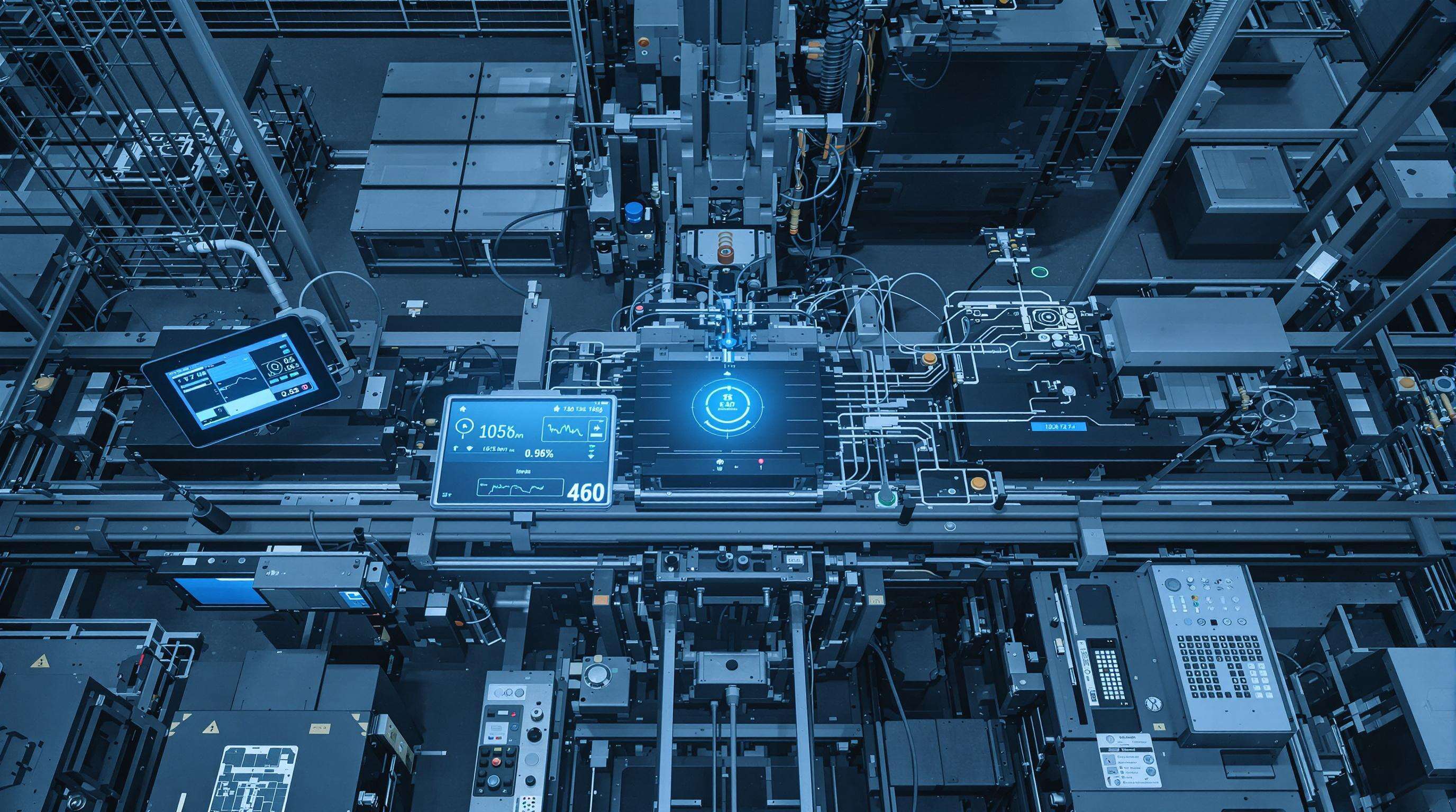IoT sensors and monitoring screens overseeing automated heating patch production