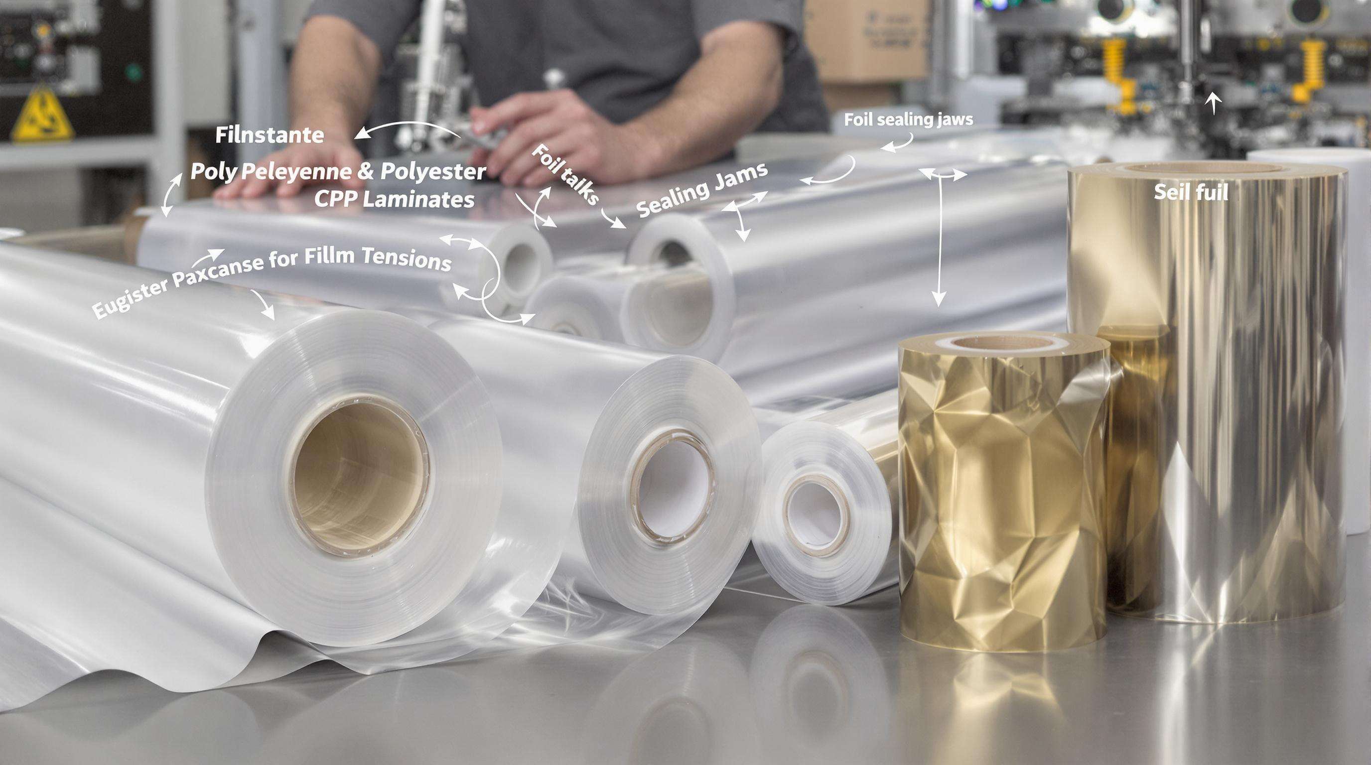 Technician inspecting different packaging film types and sealing jaws to ensure proper material compatibility.