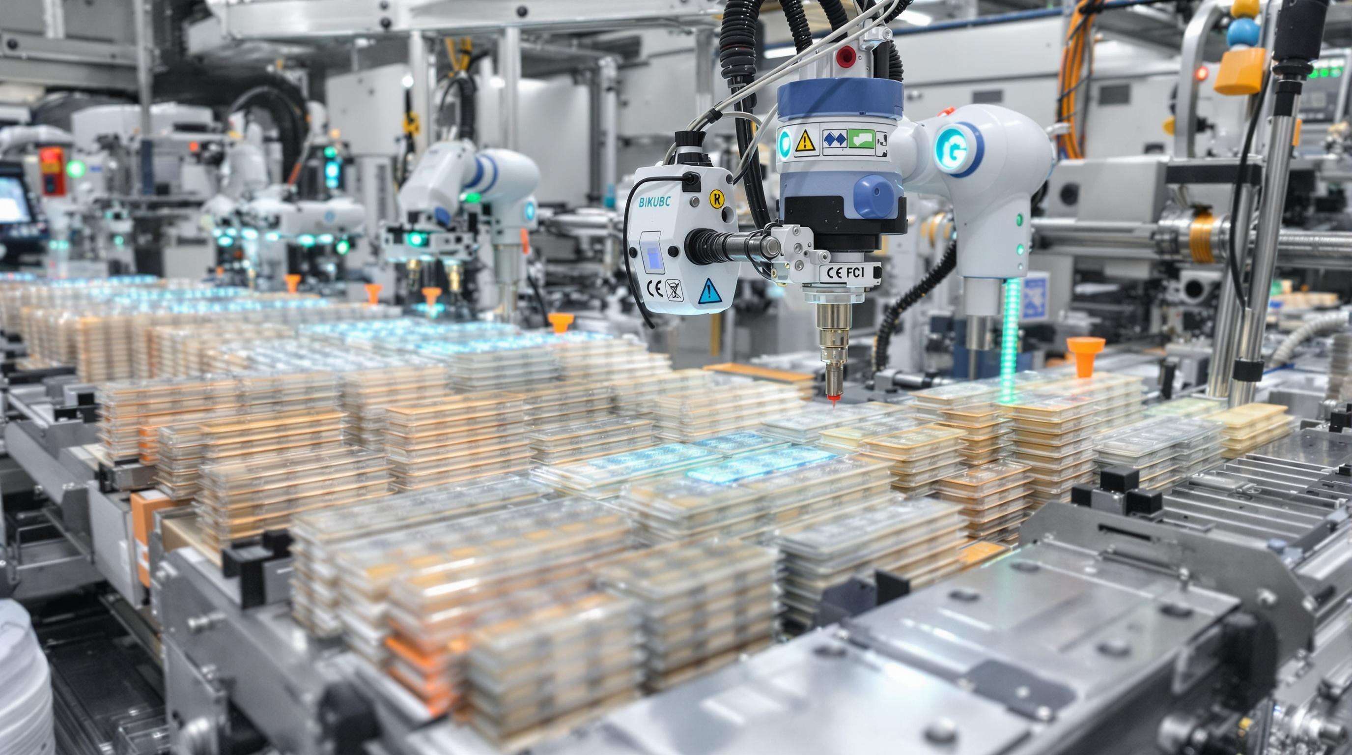 Automated blister packaging machines with robotic arms and sensors monitoring production