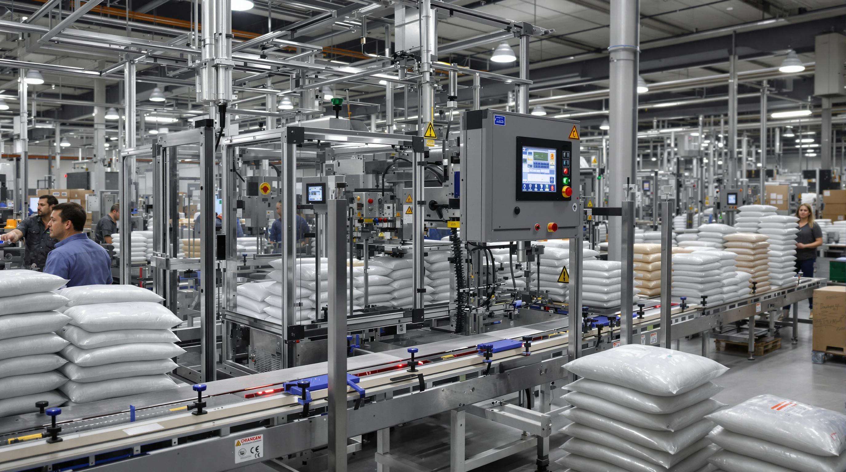 Automated bag packing machines running at high speed in a spacious factory with workers overseeing production.