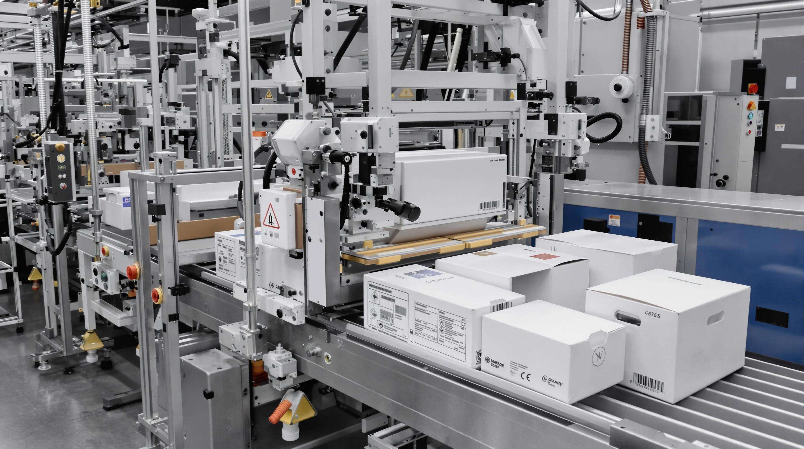 Automated cartoning machine on a factory line forming and filling cartons with synchronized robotic arms