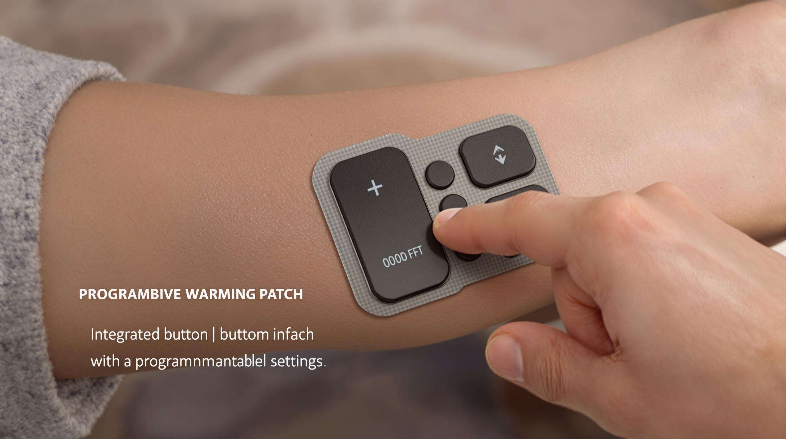 User adjusting programmable settings on a modern warming patch applied to the forearm