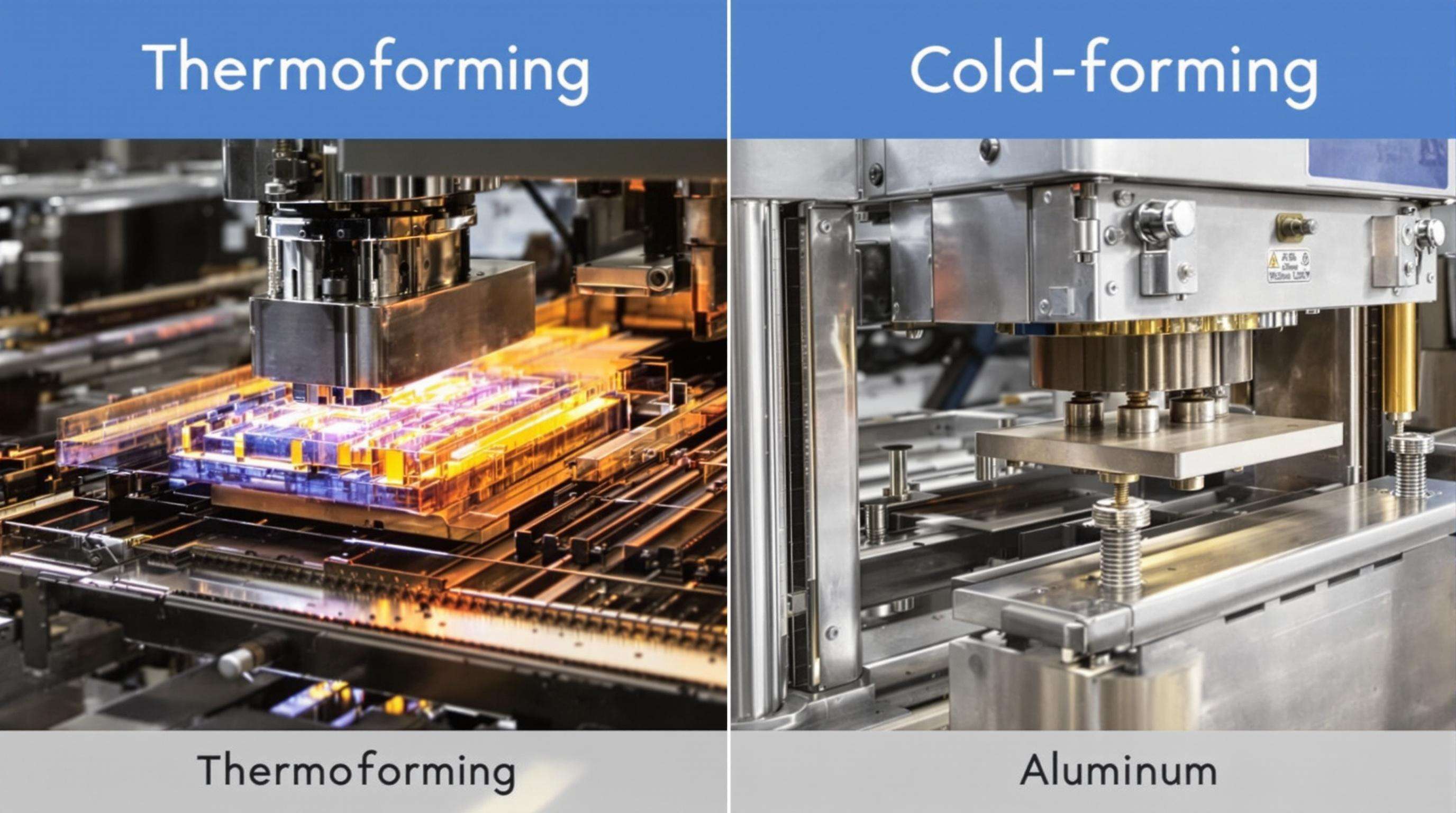 Side-by-side realistic photo comparing heated plastic thermoforming and room-temperature cold-forming processes in industrial blister packaging.