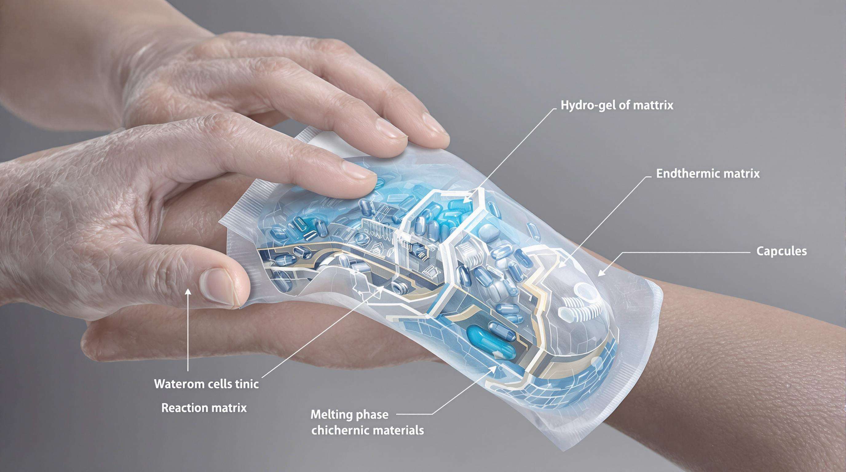 Cross-section view of a self-absorbing ice bag pressed against skin, revealing inner hydrogel structure and phase change capsules