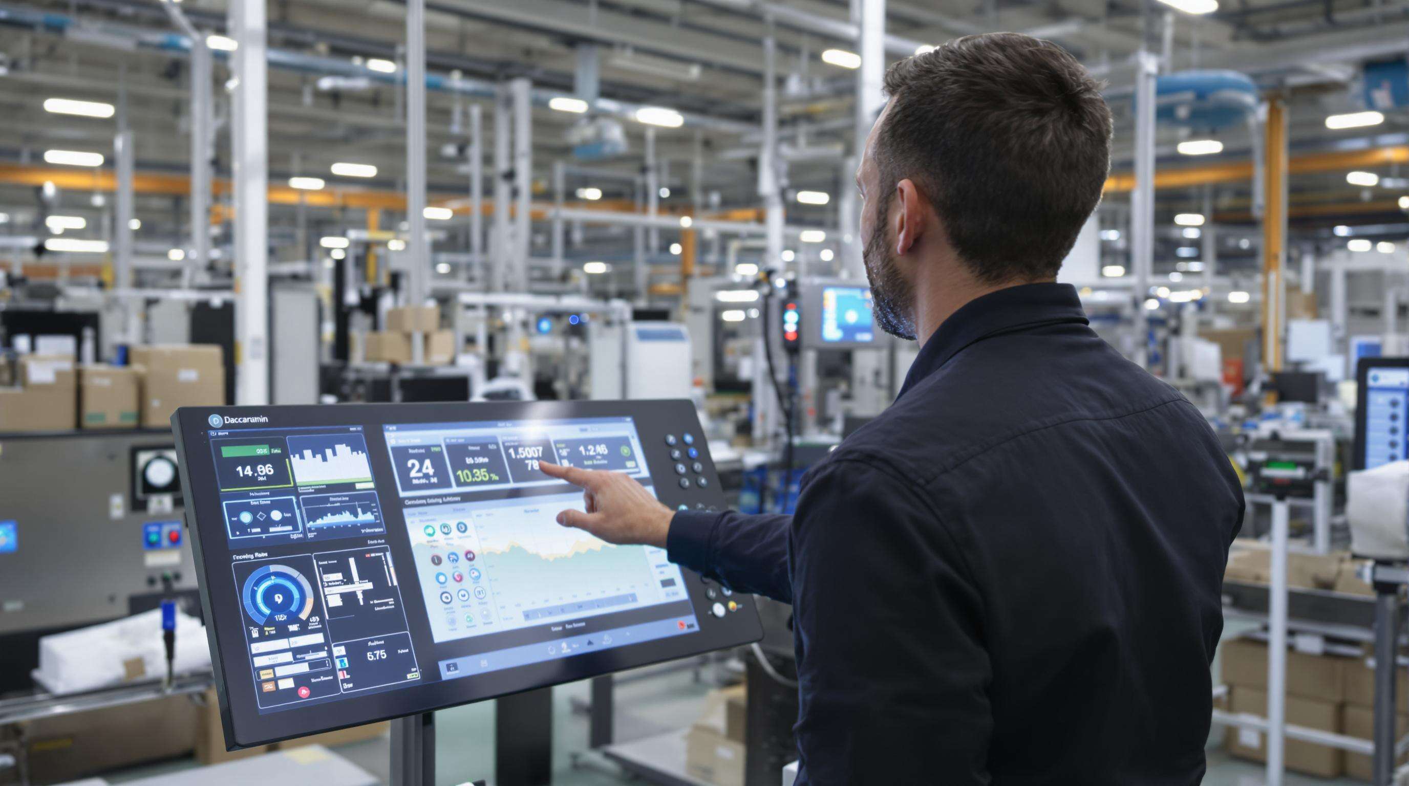 Engineer using control panel touchscreen to monitor data and automation of industrial cartoning machines