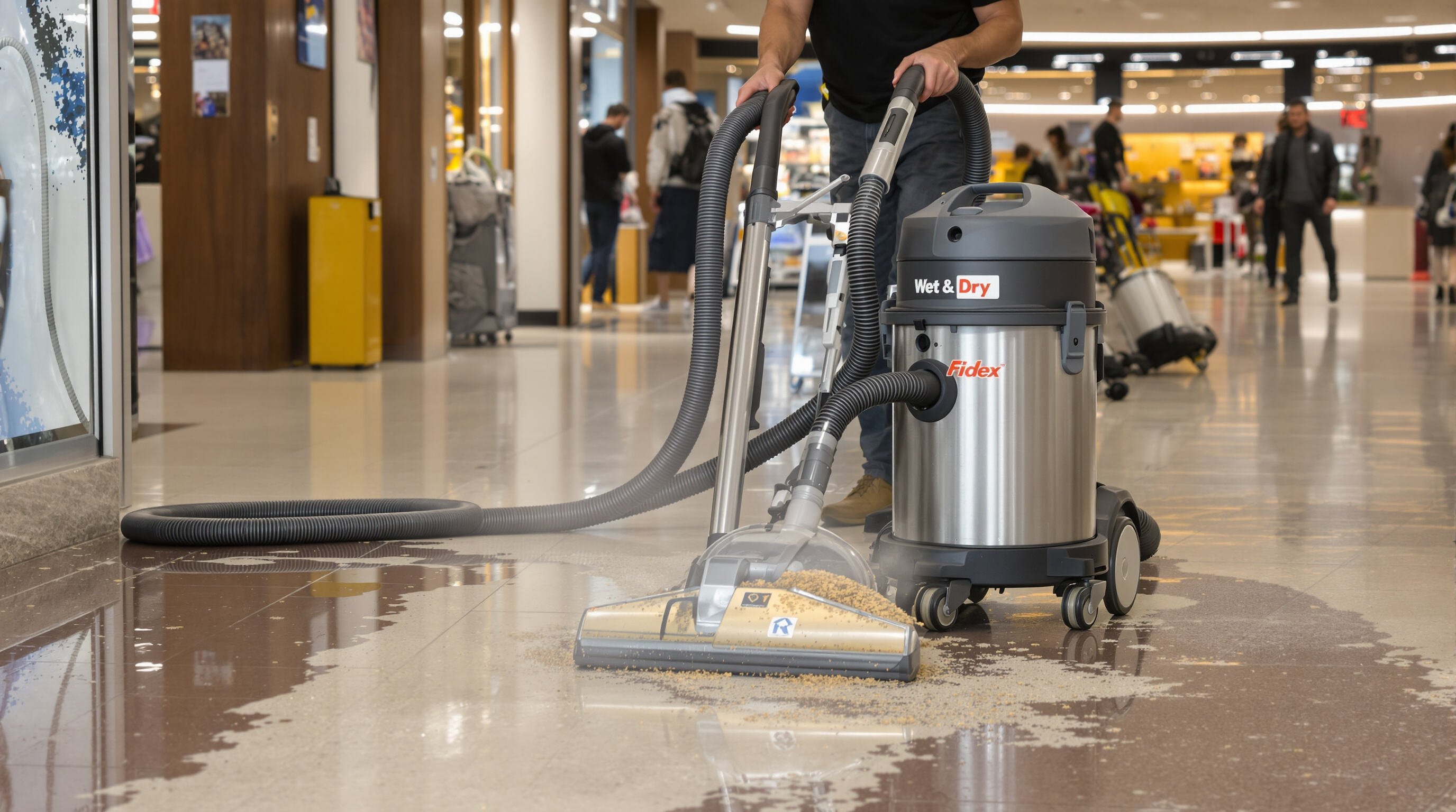 Wet and dry vacuum cleaning spills and debris in a commercial retail lobby