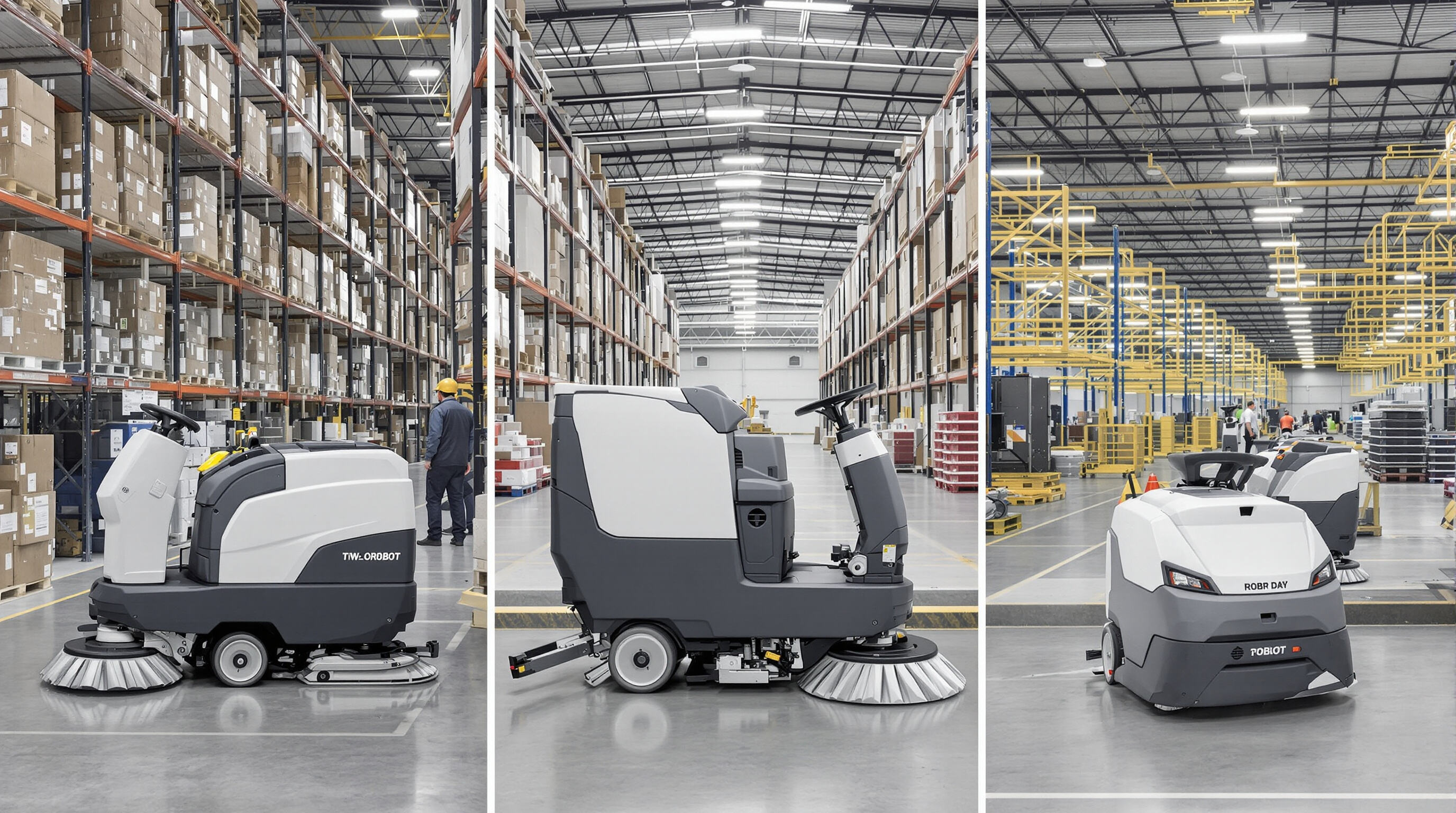 Walk-behind, ride-on, and robotic floor sweepers displayed in different typical factory settings