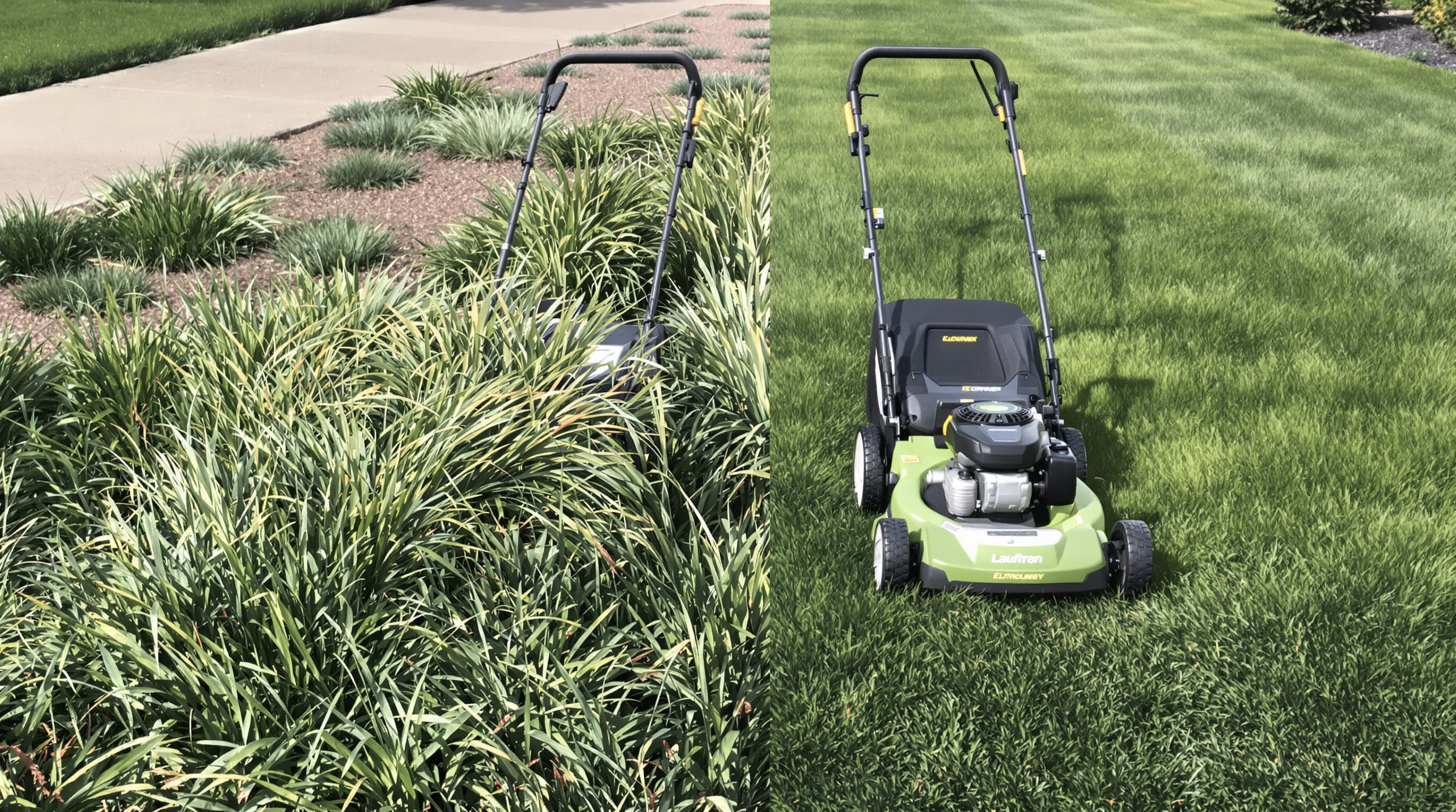 Gasoline and lithium-ion lawn mowers mowing side-by-side on a residential lawn with varied grass thickness