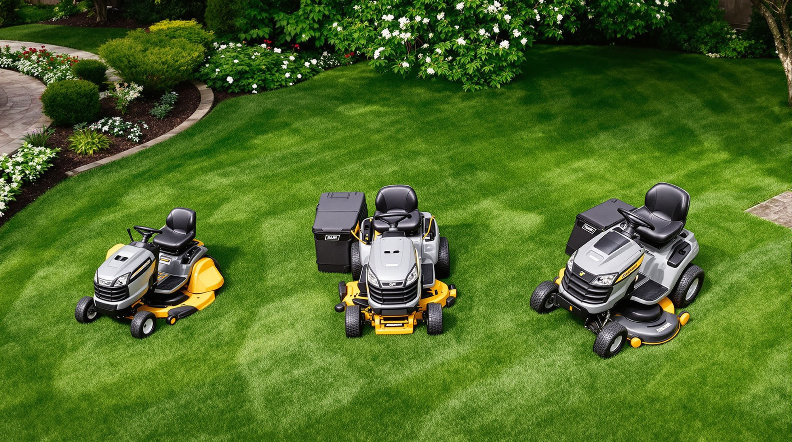 Three different-sized ride-on mowers demonstrating deck width options and mowing efficiency across assorted lawn sizes
