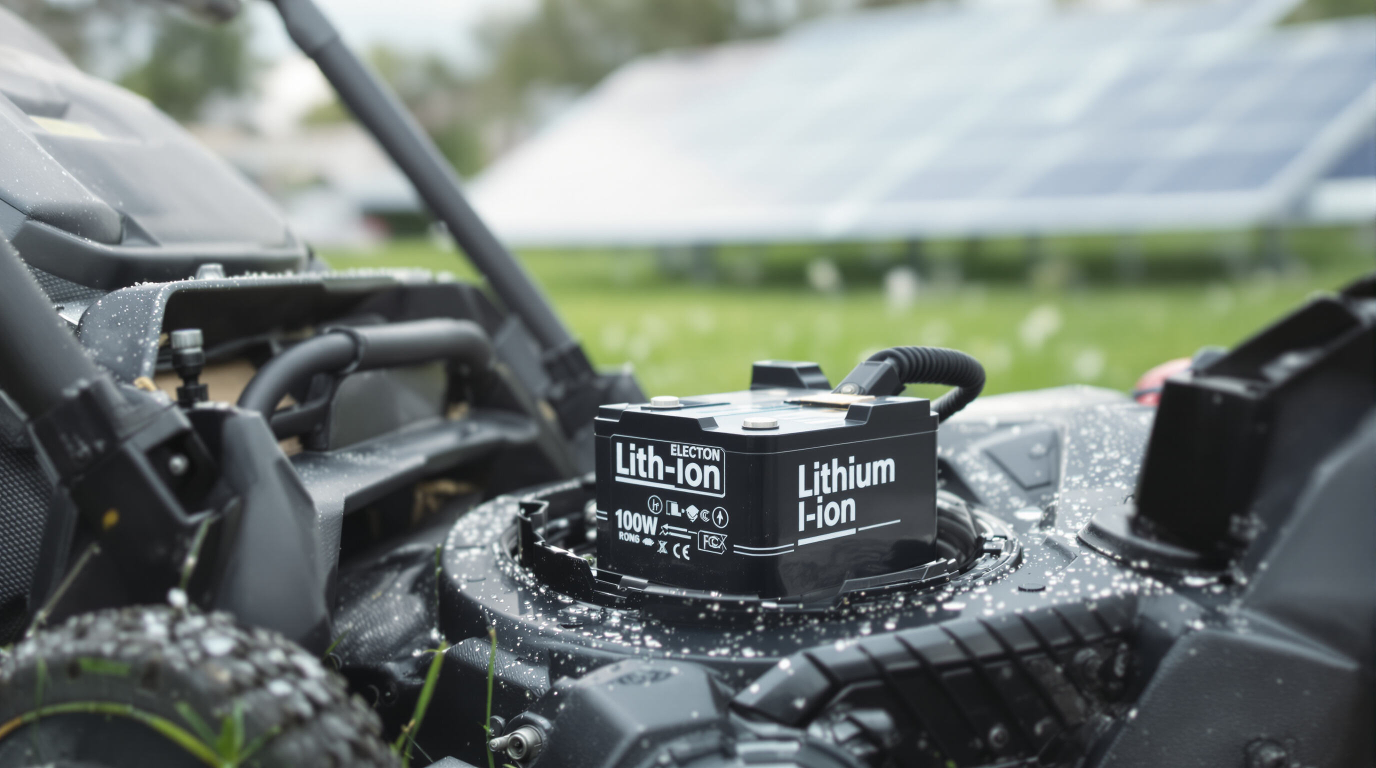 Lithium-ion battery installation in an electric lawn mower outdoors, with solar panels in the background.