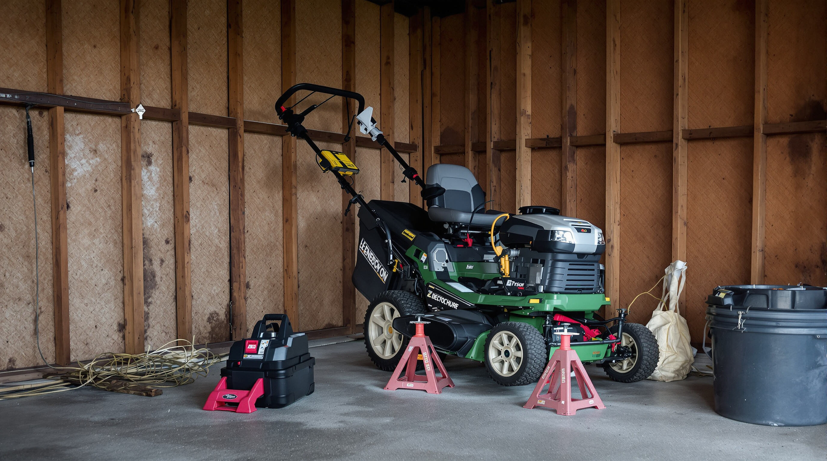 Lawn mower in a garage with the battery removed and wheels elevated on stands