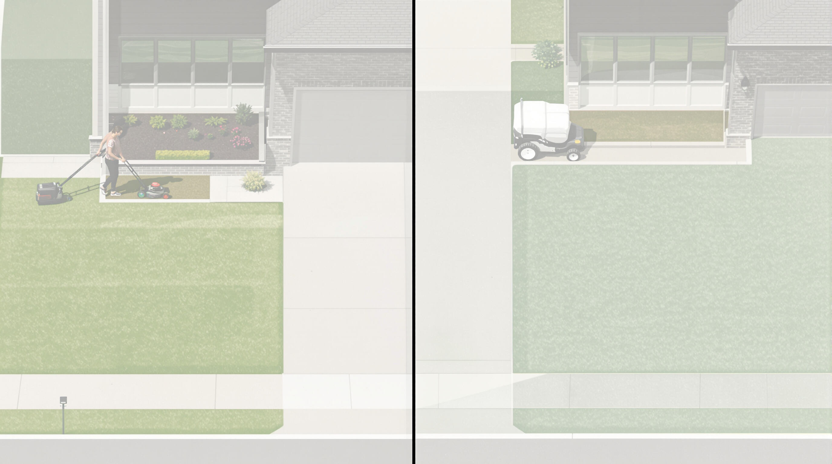 Comparison of walk-behind and ride-on mower usage on small and large yards