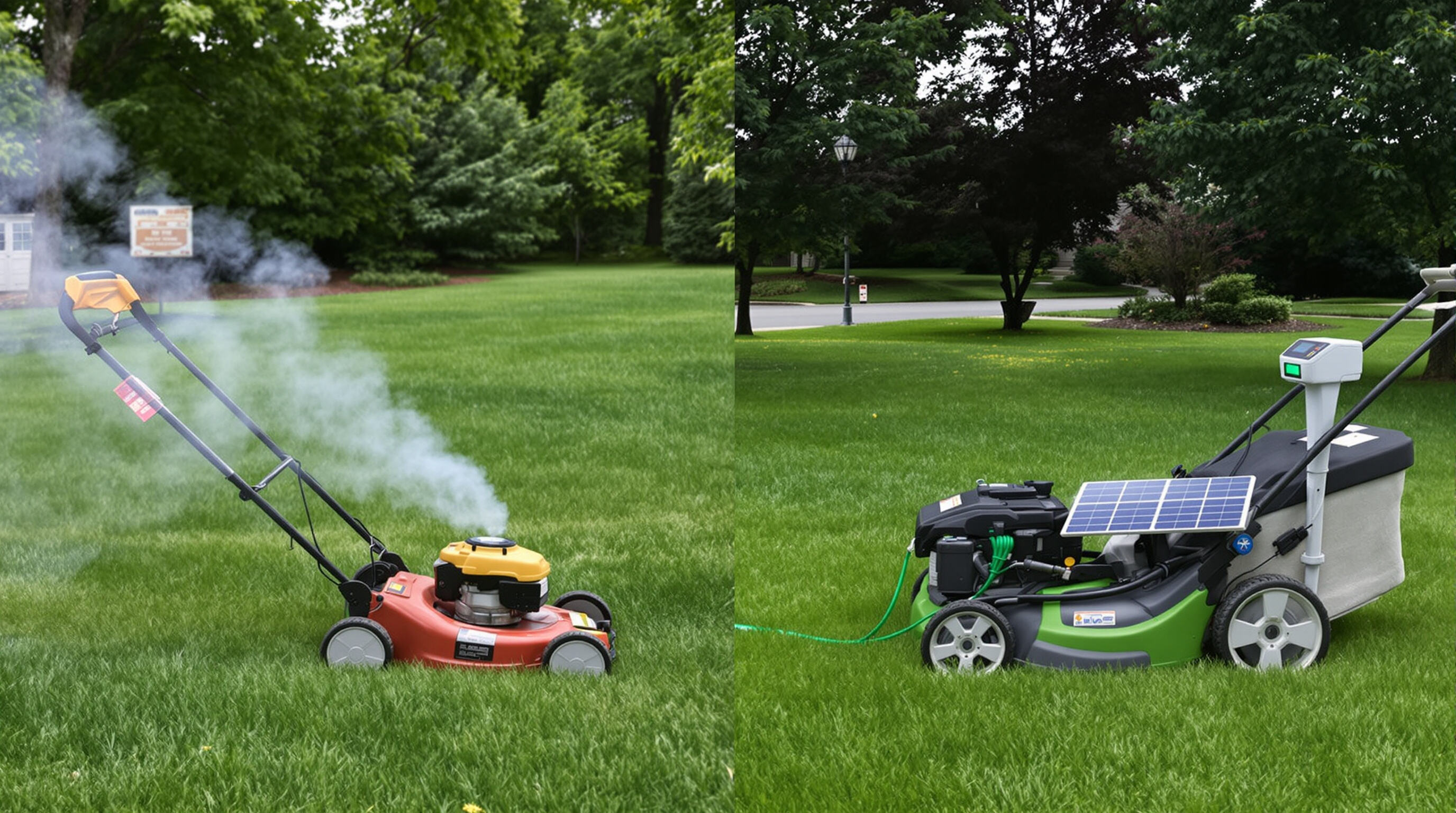 Gasoline mower emitting fumes and electric mower charging beside solar panels on a suburban lawn