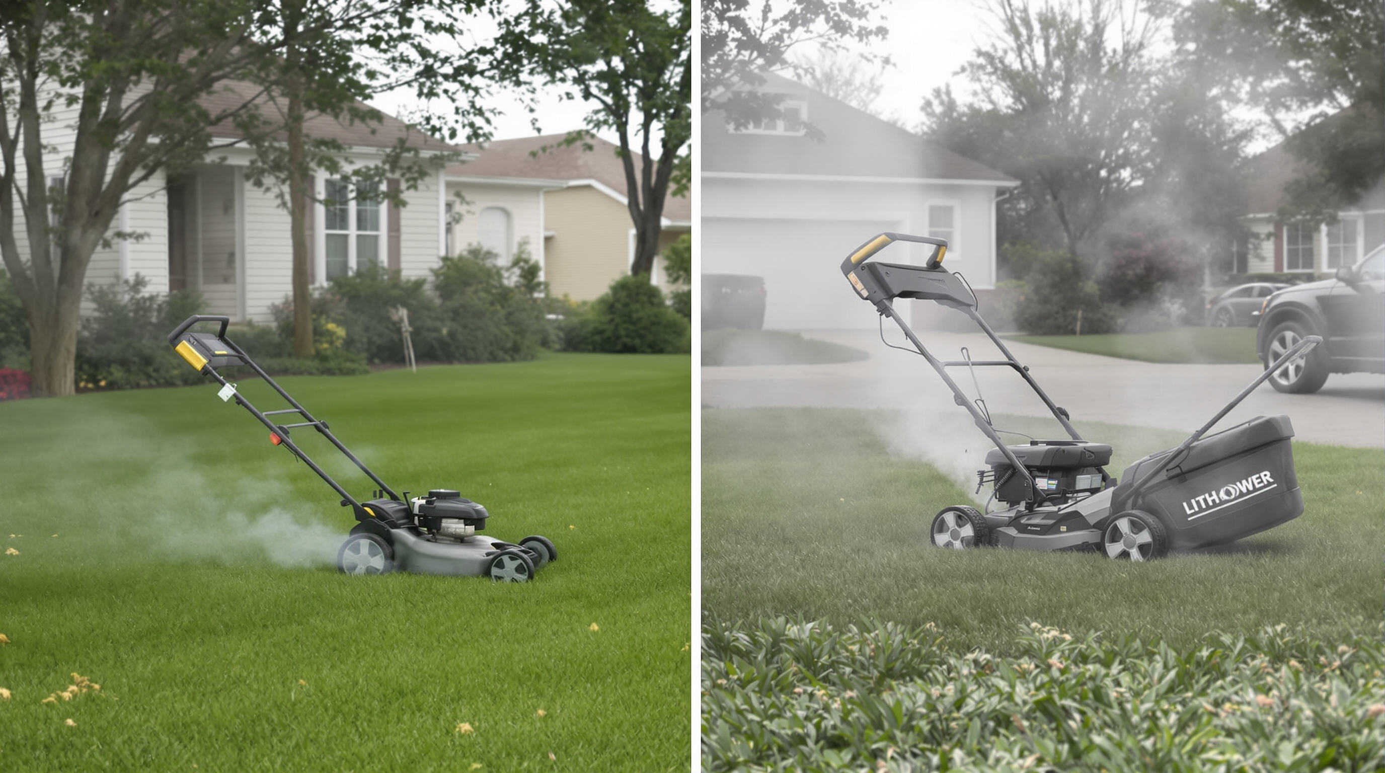 Gasoline mower producing exhaust and lithium-ion mower running quietly in a suburban neighborhood