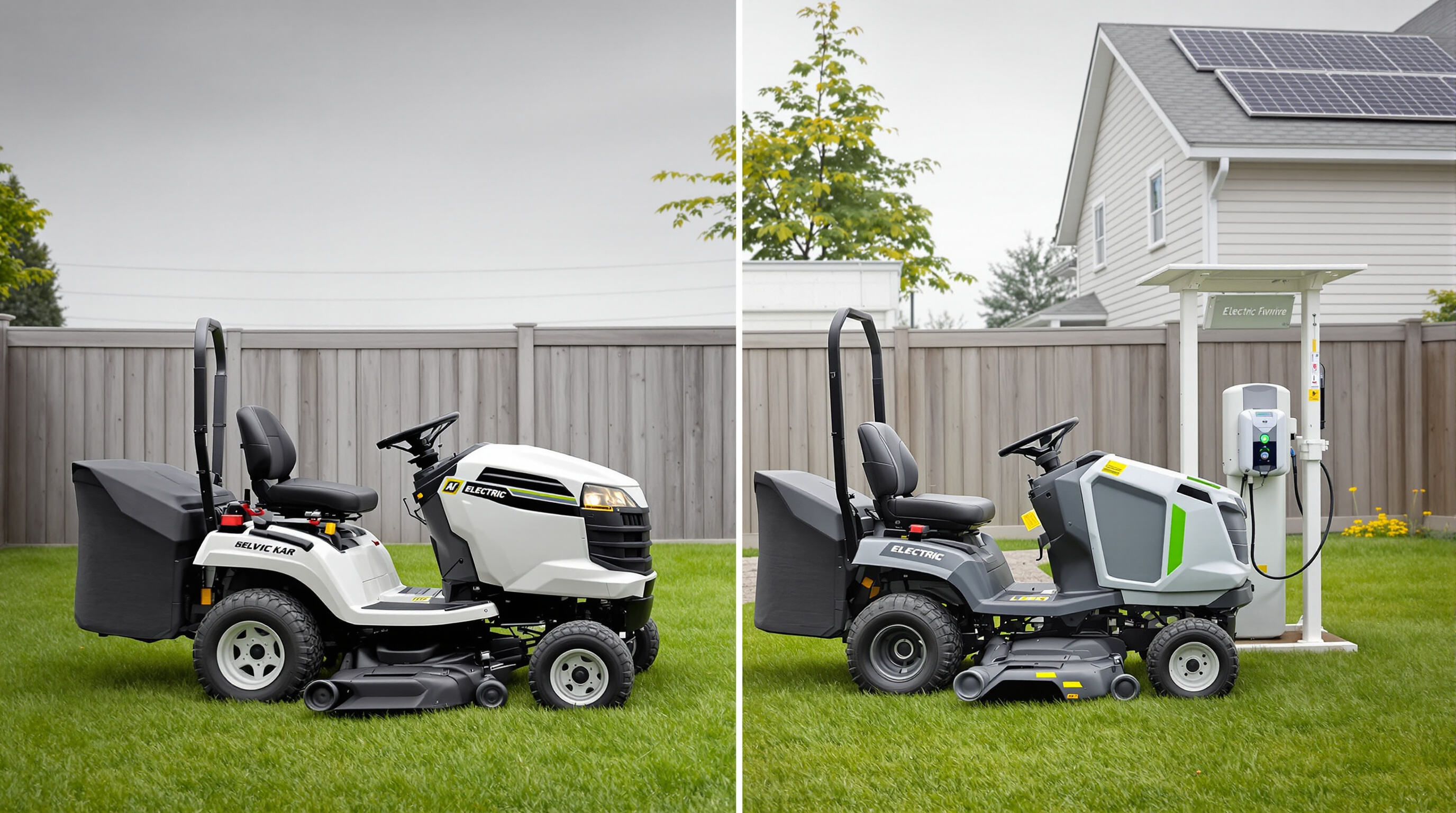 Gas and electric ride-on mowers compared in a backyard, with solar charging for the electric model