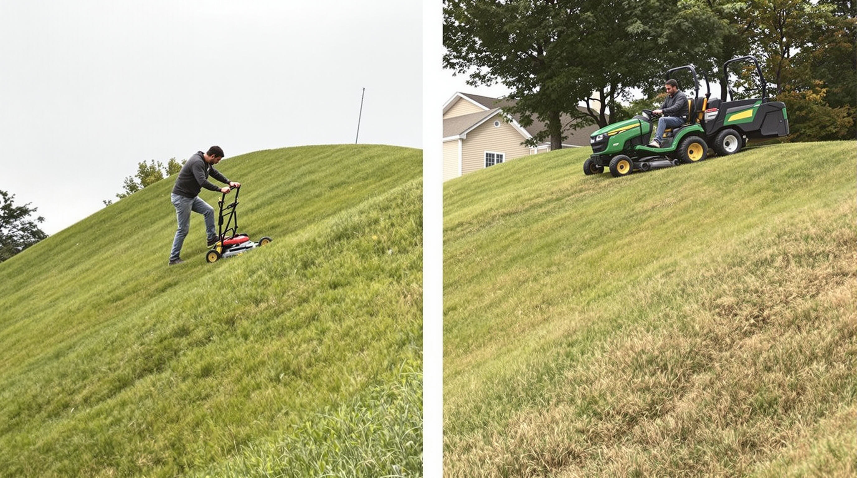 Walk-behind and ride-on mowers handling different slopes and terrain