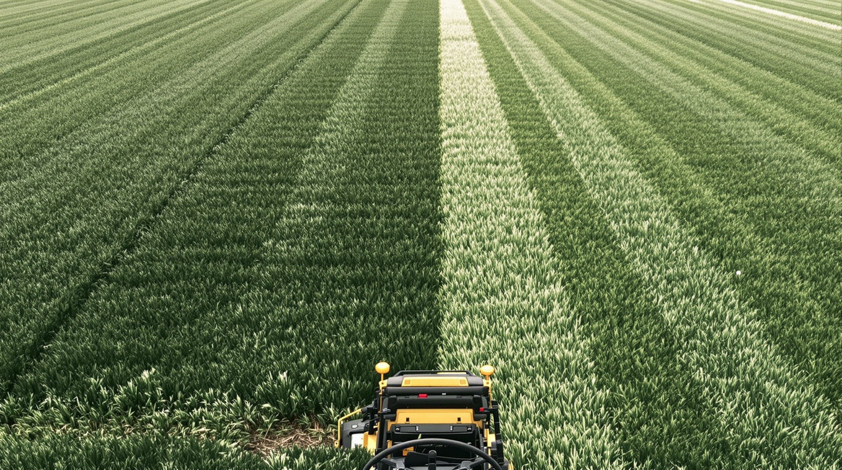 A close-up of a wide-deck ride-on mower creating a broad swath of trimmed grass next to a narrower strip cut by a standard mower.