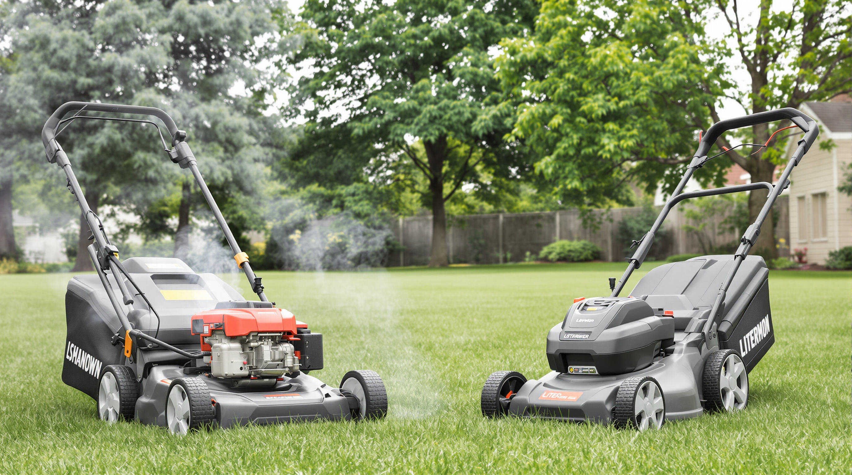 Comparison of gas and lithium-ion lawn mowers in a garden, showing pollution versus clean operation.
