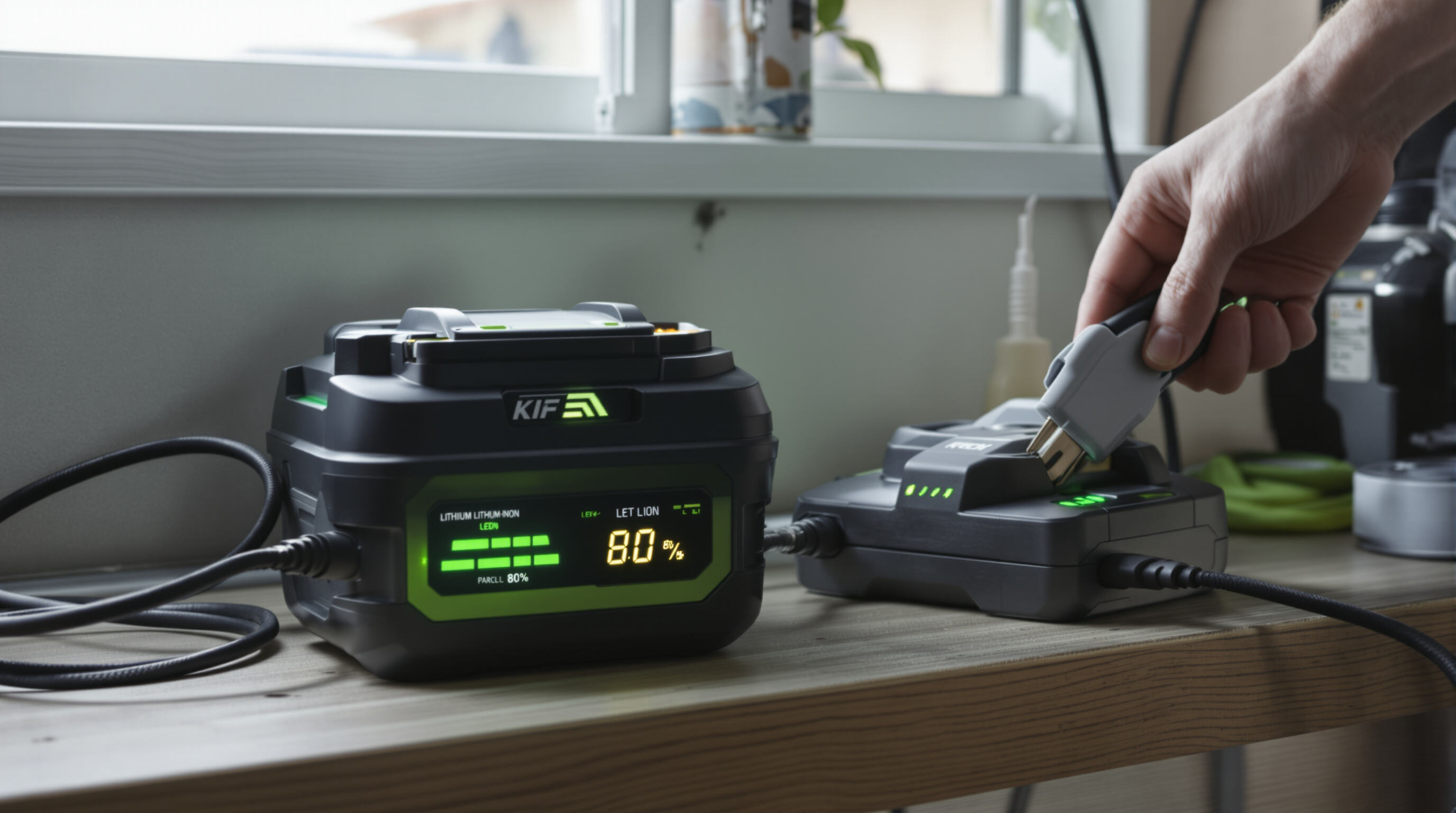 Person unplugging a lithium-ion battery from the charger in a home garage, battery nearly full