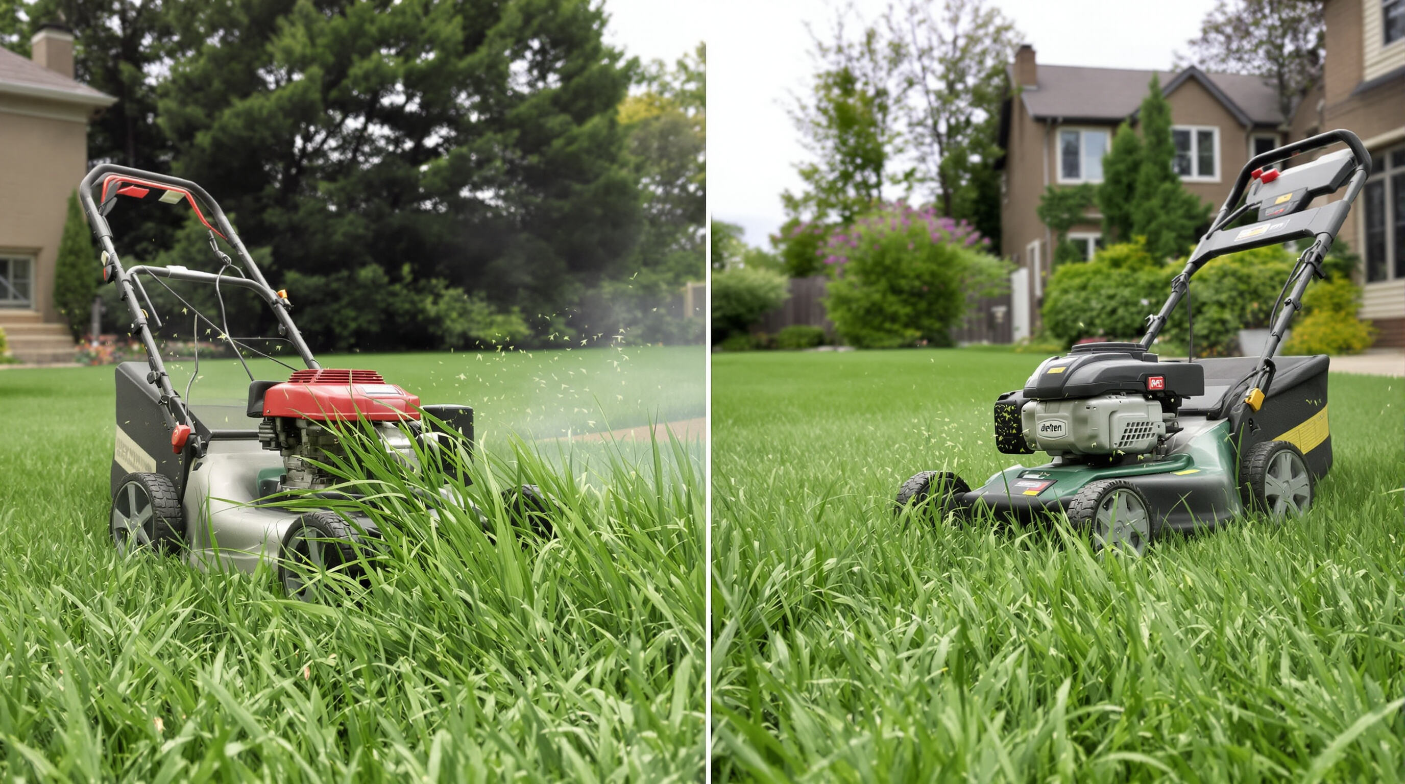 Gasoline and electric lawn mowers cutting through thick grass side by side in a backyard
