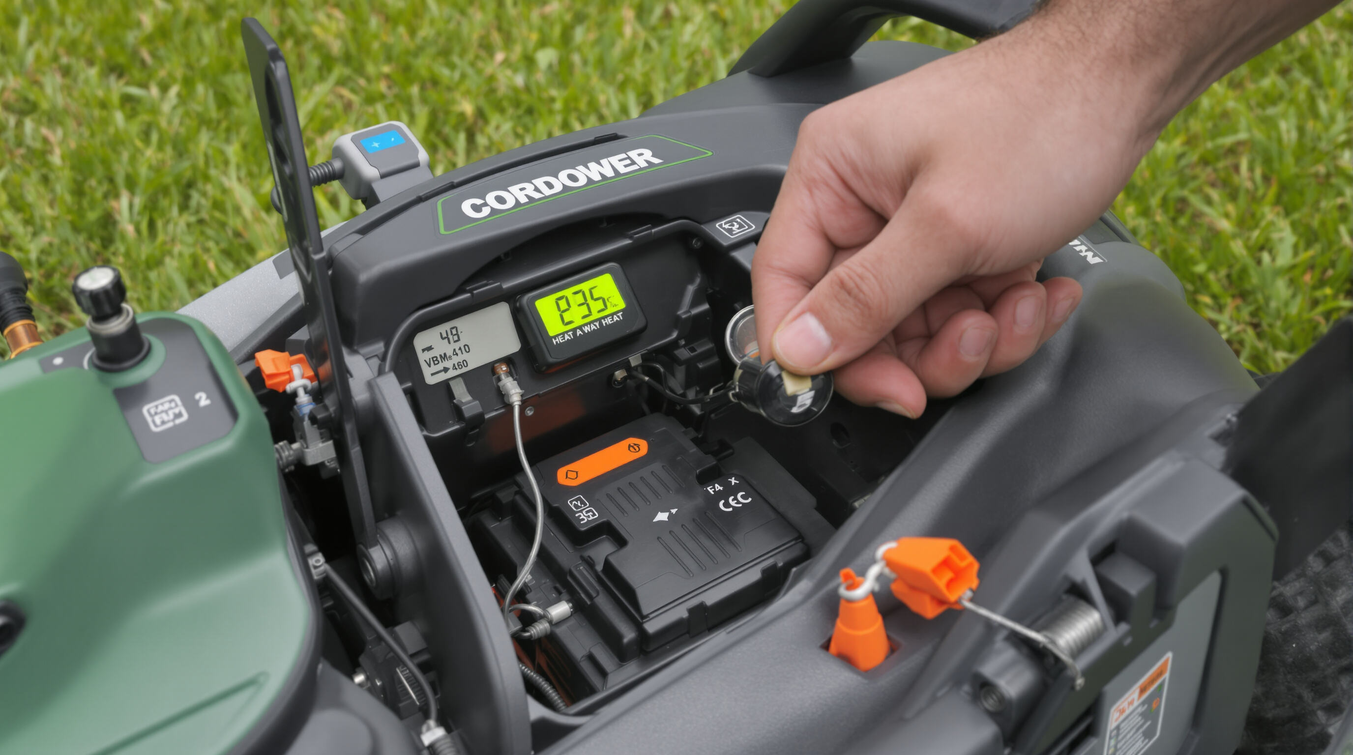 Hand checking the temperature of a lawn mower's battery on a lawn during sunny weather