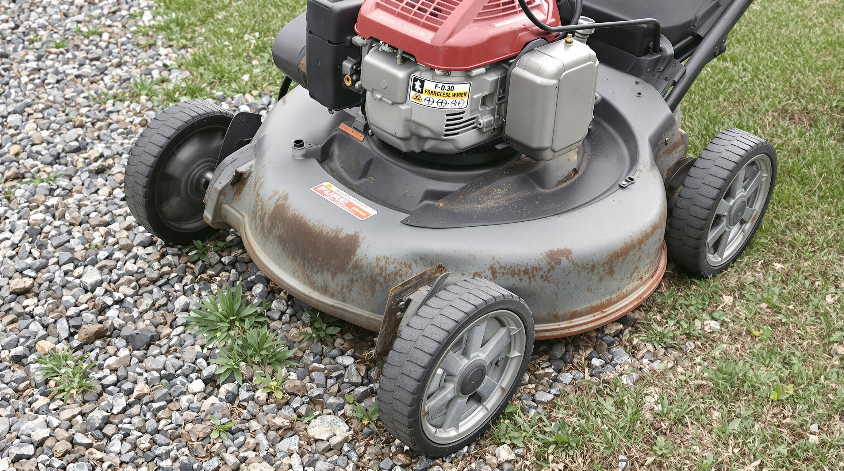 A close-up of a durable gas-powered lawn mower on rocky, uneven ground showing robust build quality