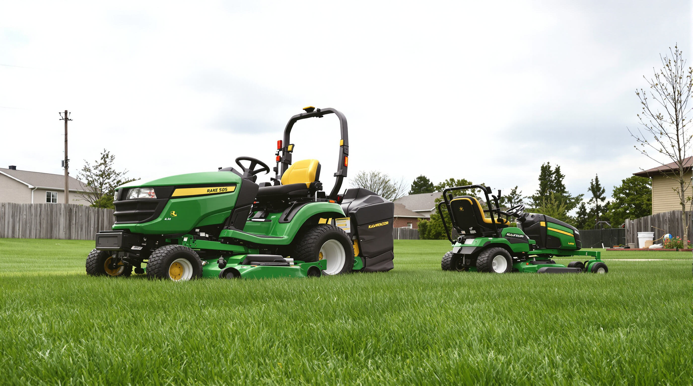 A ride-on and a walk-behind lawn mower working side by side on a large lawn, with the ride-on visibly covering more ground.