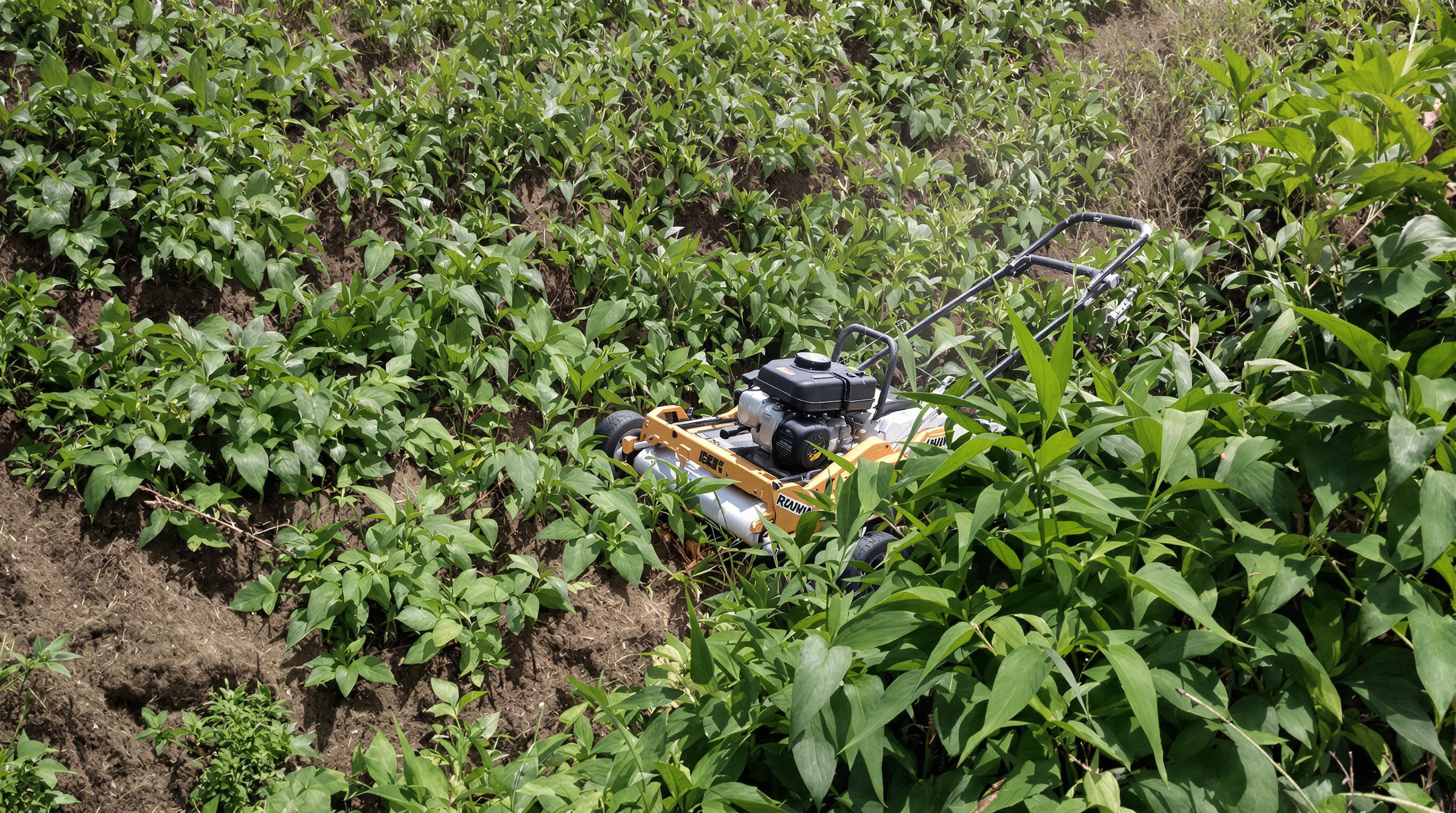 A landscaper operating a gas-powered lawn mower on tall, thick grass with sloped terrain