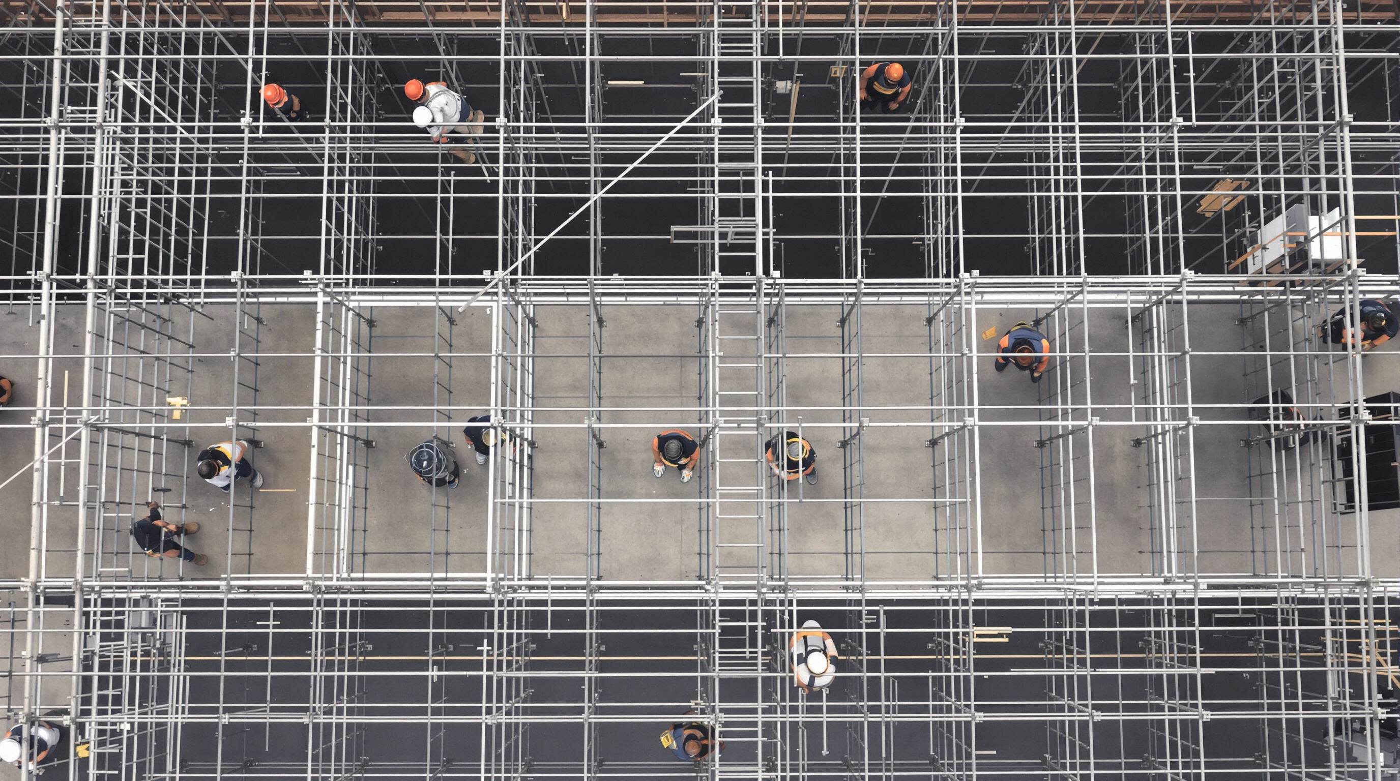 Overhead view of scaffold showing weight distribution through braces and base plates