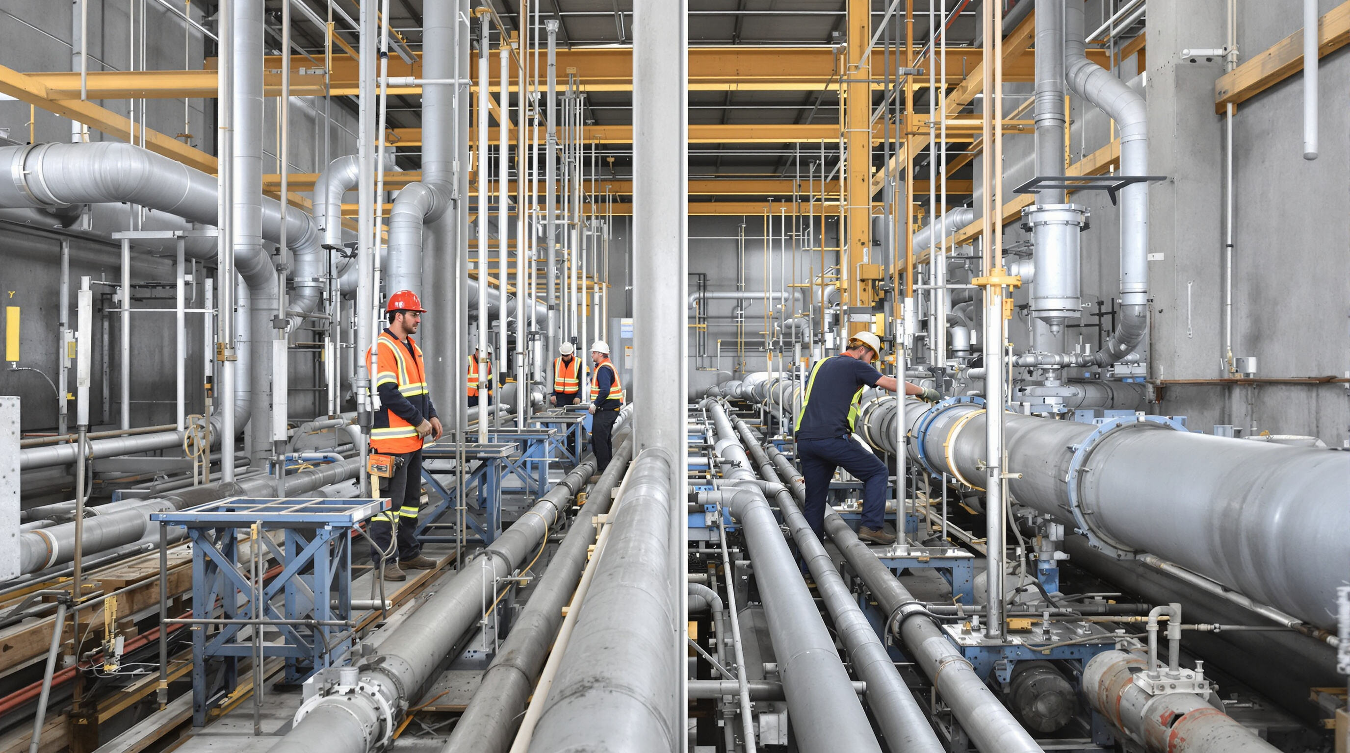 Workers installing industrial piping with fixed and adjustable supports, highlighting alignment differences
