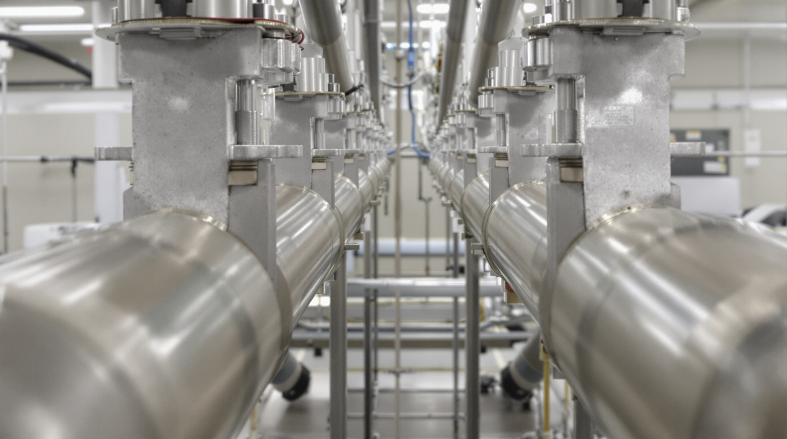 Comparison of fixed and adjustable pipe supports on parallel pipe runs, showing alignment accuracy