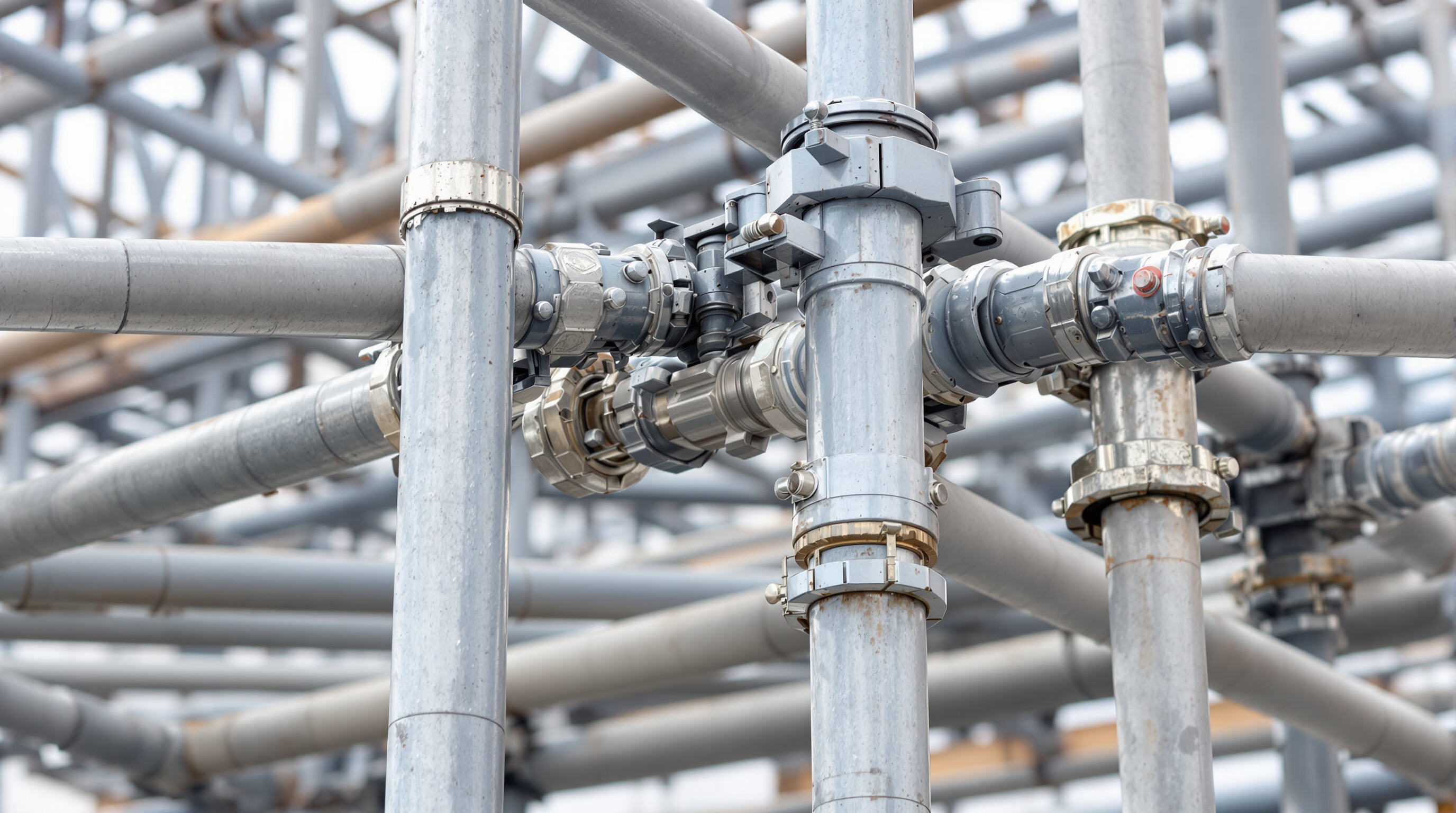 Close-up of scaffolding tubes joined by couplers, showing metal joints and slight flex under load