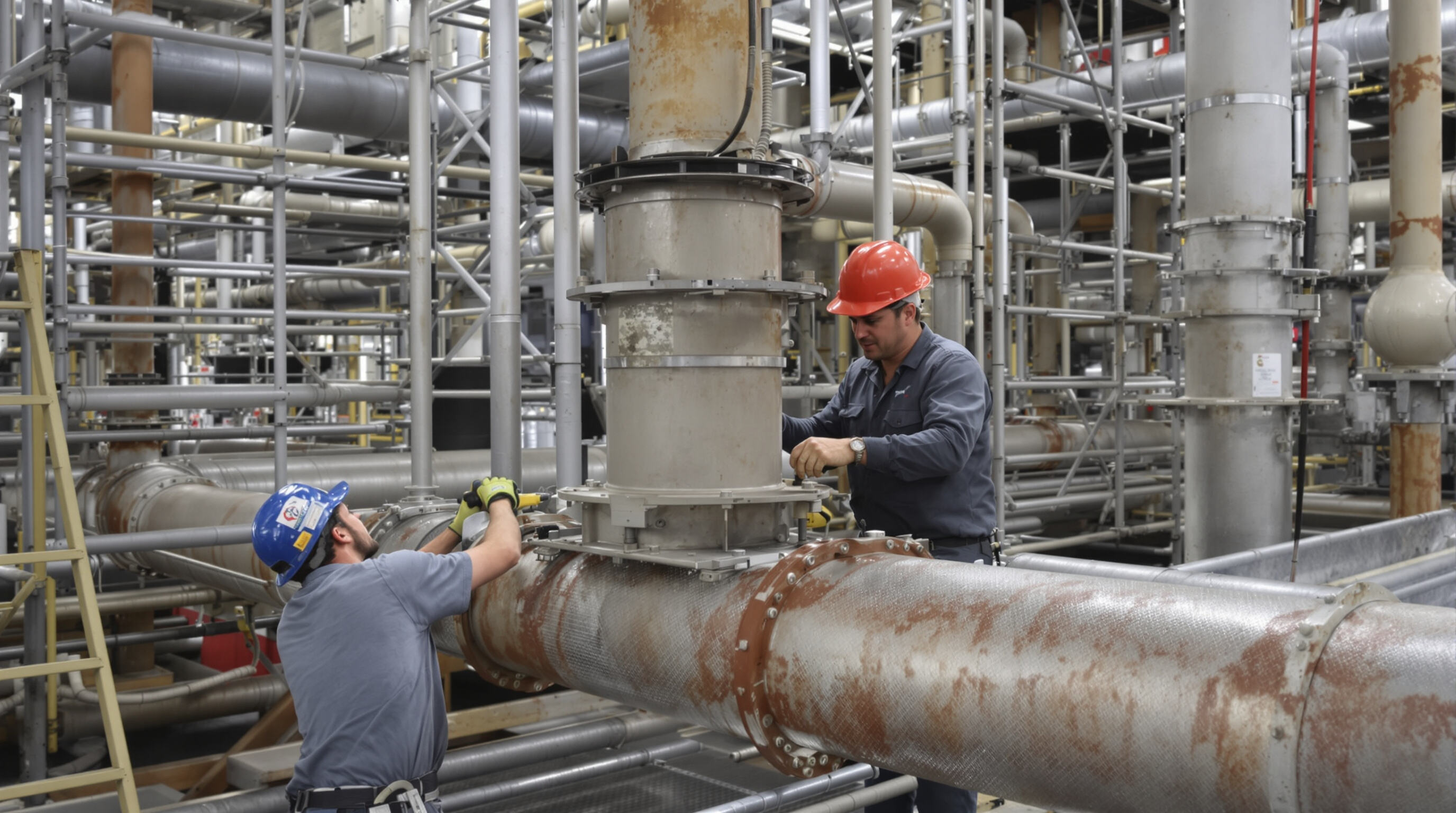 Technicians installing adjustable pipe supports in a refinery with modular components